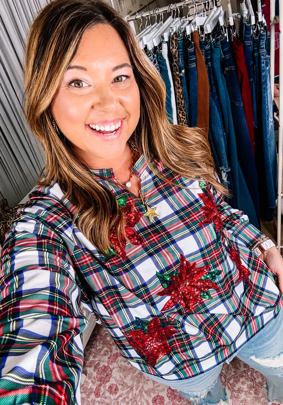 Plaid Poinsettia French Terry Pullover-Presales-Dear Me Southern Boutique, located in DeRidder, Louisiana