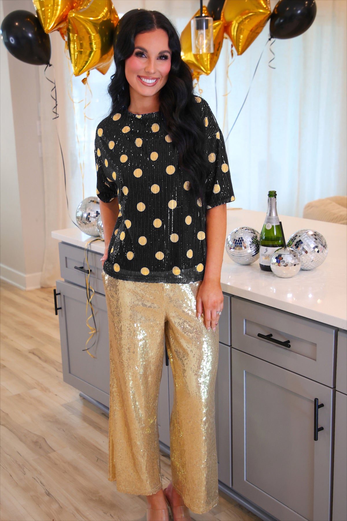 Polka Dot Pop Sequin Top- Black/Gold-Presales-Dear Me Southern Boutique, located in DeRidder, Louisiana