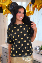 Polka Dot Pop Sequin Top- Black/Gold-Presales-Dear Me Southern Boutique, located in DeRidder, Louisiana