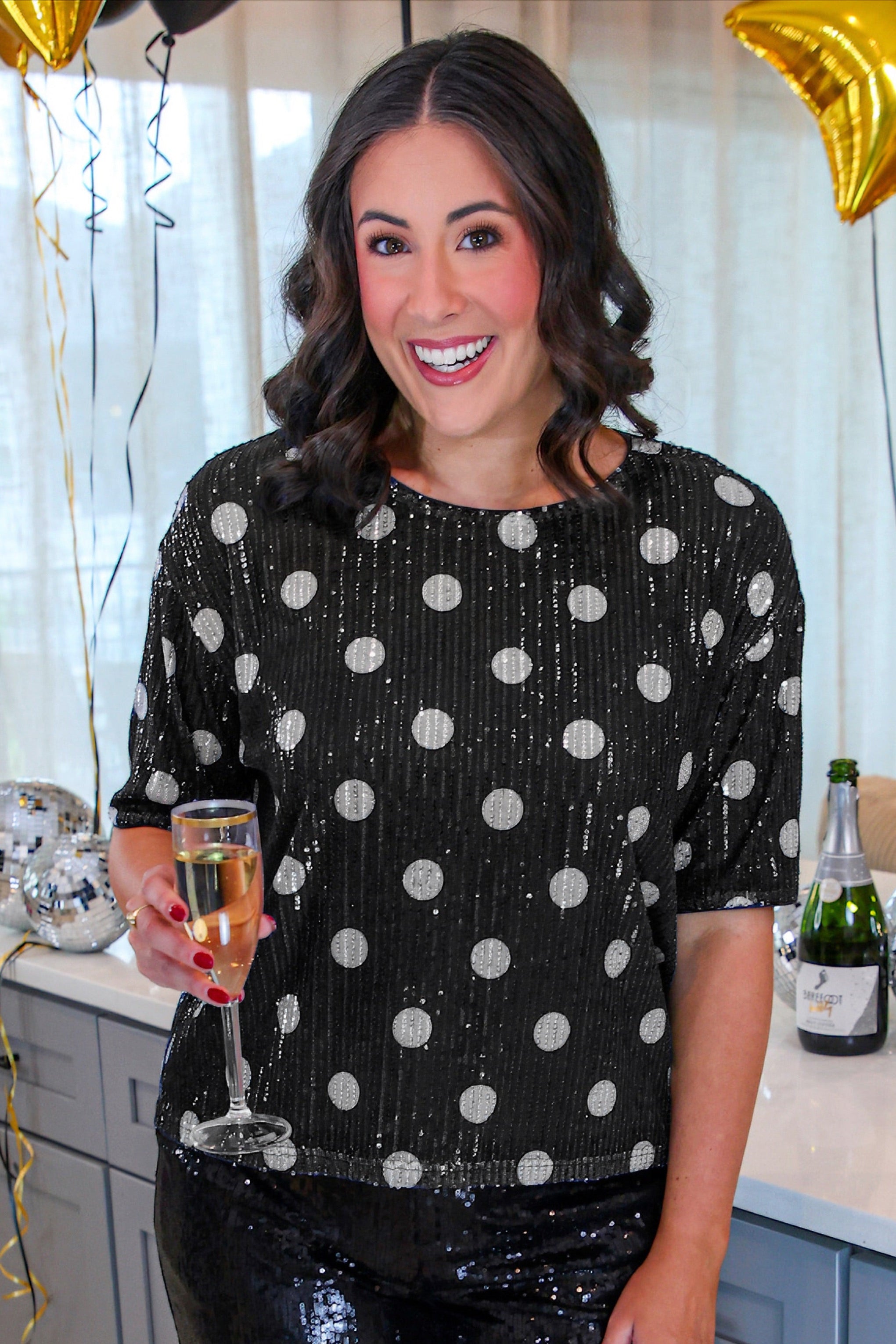 Polka Dot Pop Sequin Top- Black/Silver-Presales-Dear Me Southern Boutique, located in DeRidder, Louisiana