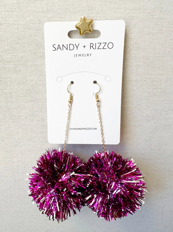 Pom Tinsel Dangles- Magenta/Silver-Earrings-Dear Me Southern Boutique, located in DeRidder, Louisiana