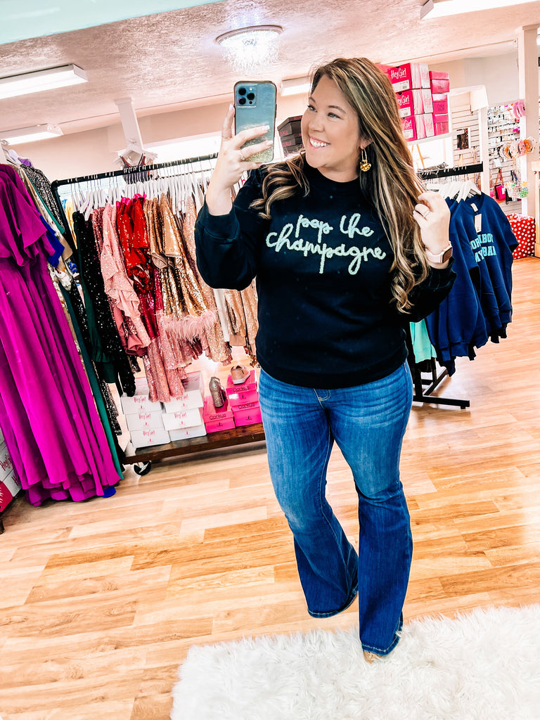 Pop The Champagne Glitter Tinsel Sweater-Tops-Dear Me Southern Boutique, located in DeRidder, Louisiana