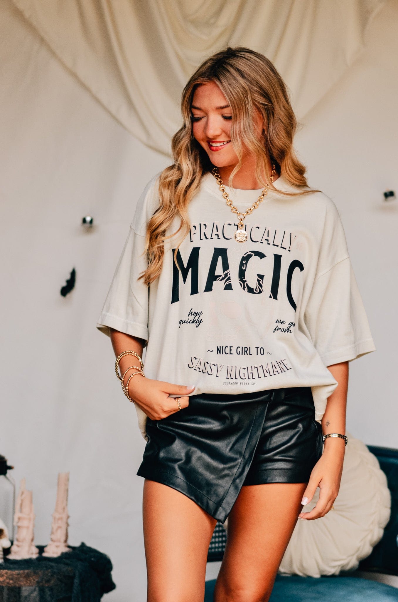 Practically Magic Mock Neck Tee-Dear Me Southern Boutique, located in DeRidder, Louisiana