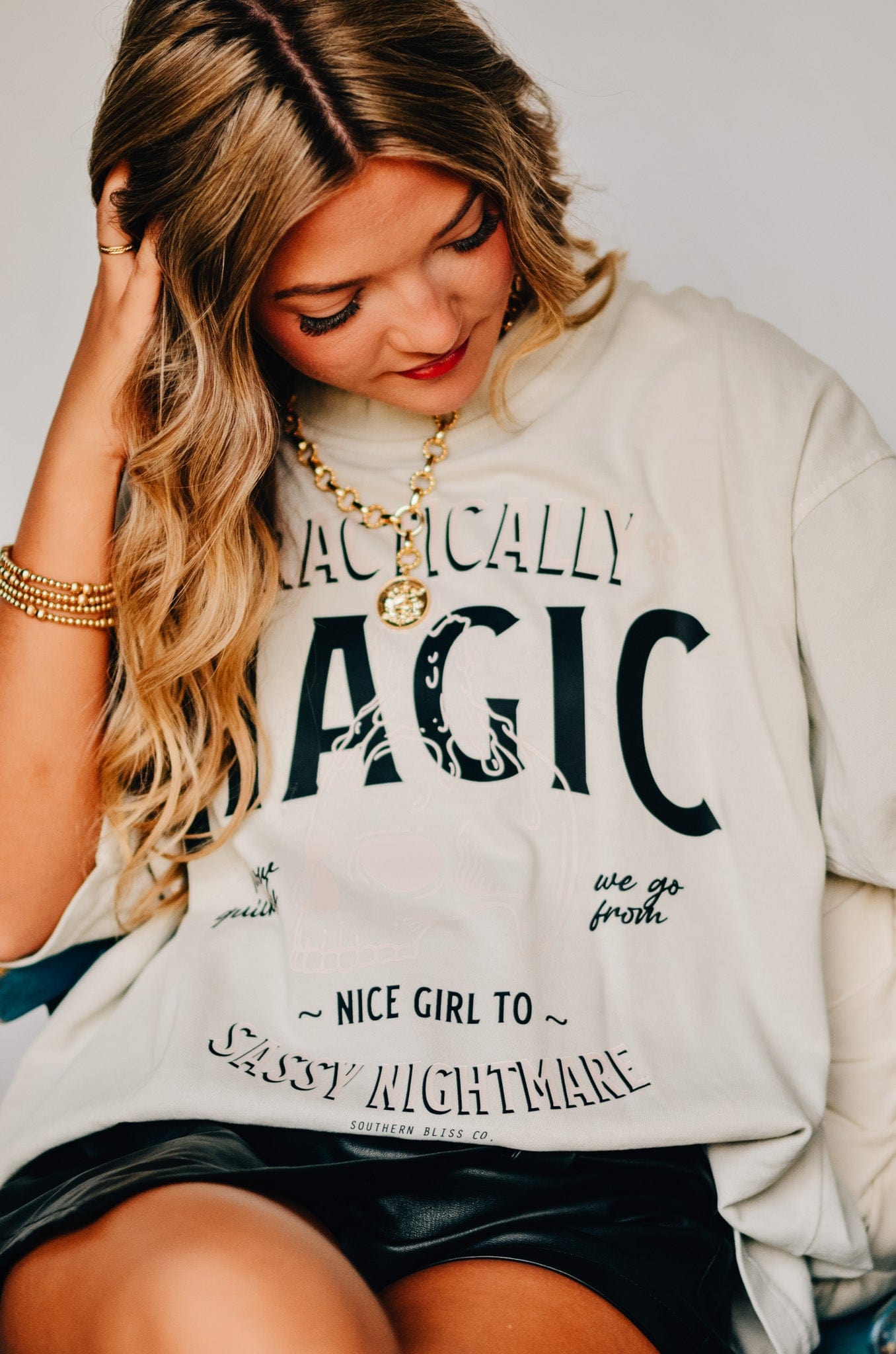 Practically Magic Mock Neck Tee-Dear Me Southern Boutique, located in DeRidder, Louisiana
