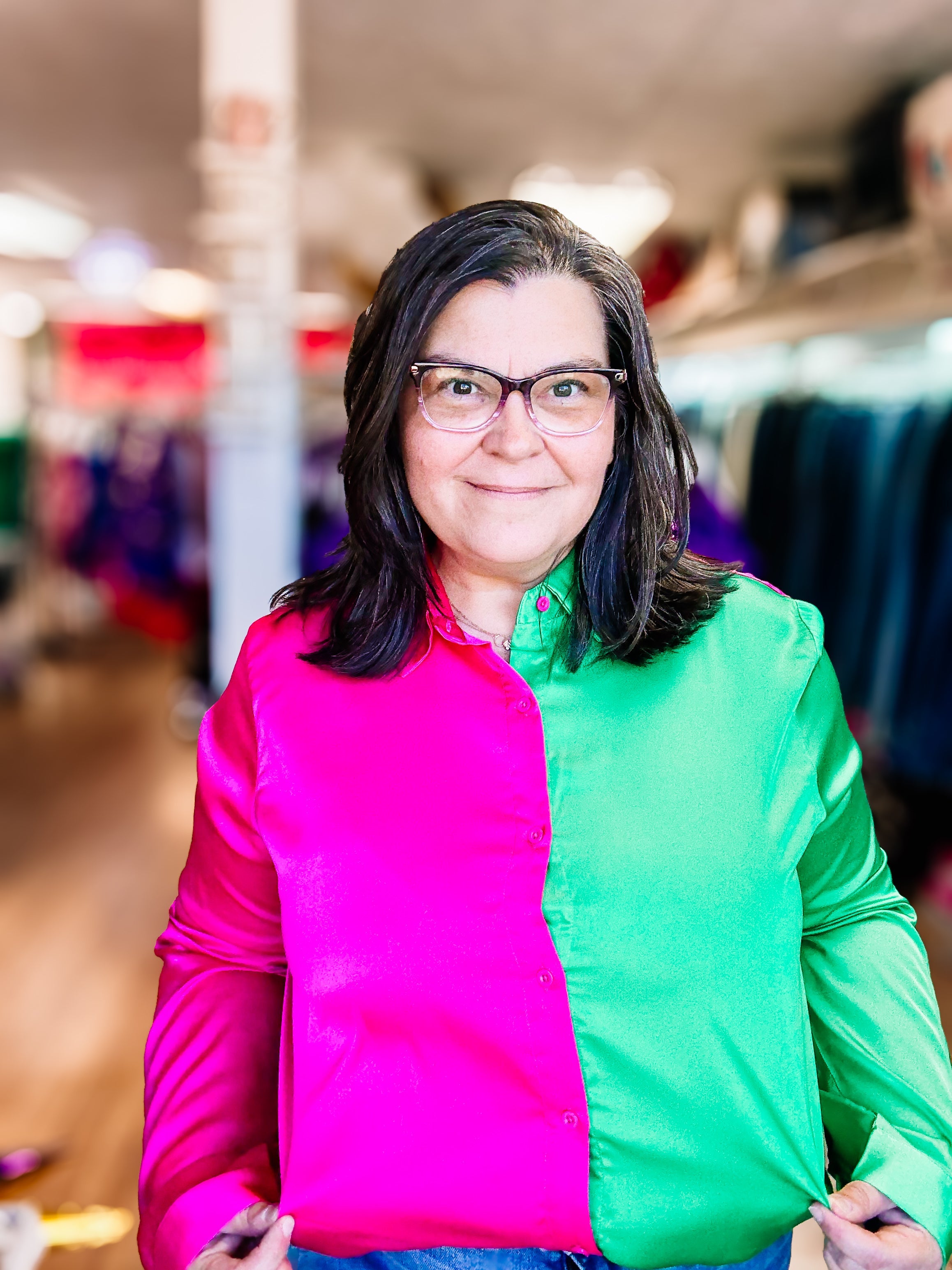 Pretty Wicked Split Satin Blouse-Blouses-Dear Me Southern Boutique, located in DeRidder, Louisiana