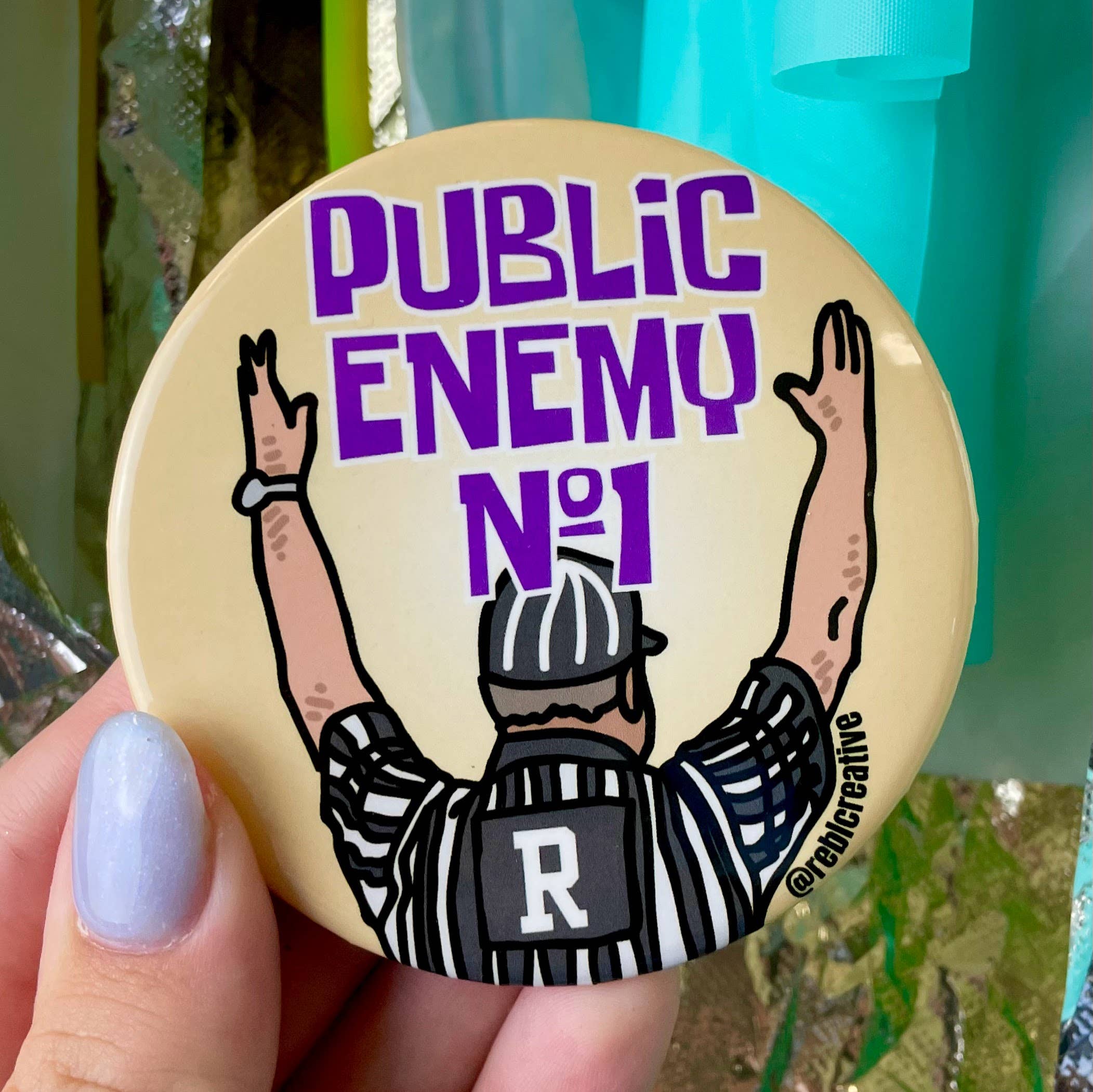 Public Enemy No. 1 - Purple & Yellow - Game Day Button-Dear Me Southern Boutique, located in DeRidder, Louisiana