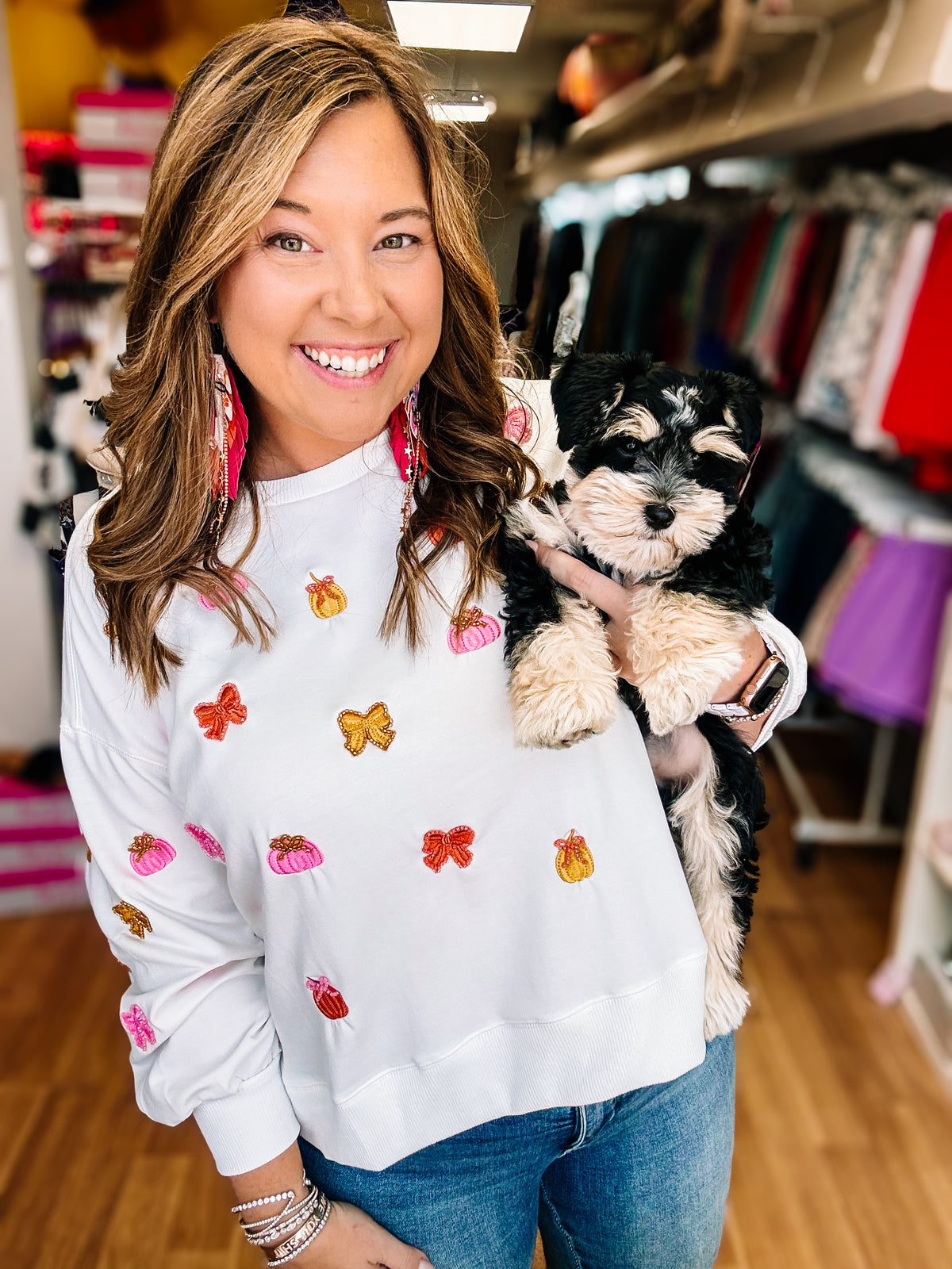 Pumpkin Bows Perfection Embroidered Pullover-Top-Dear Me Southern Boutique, located in DeRidder, Louisiana