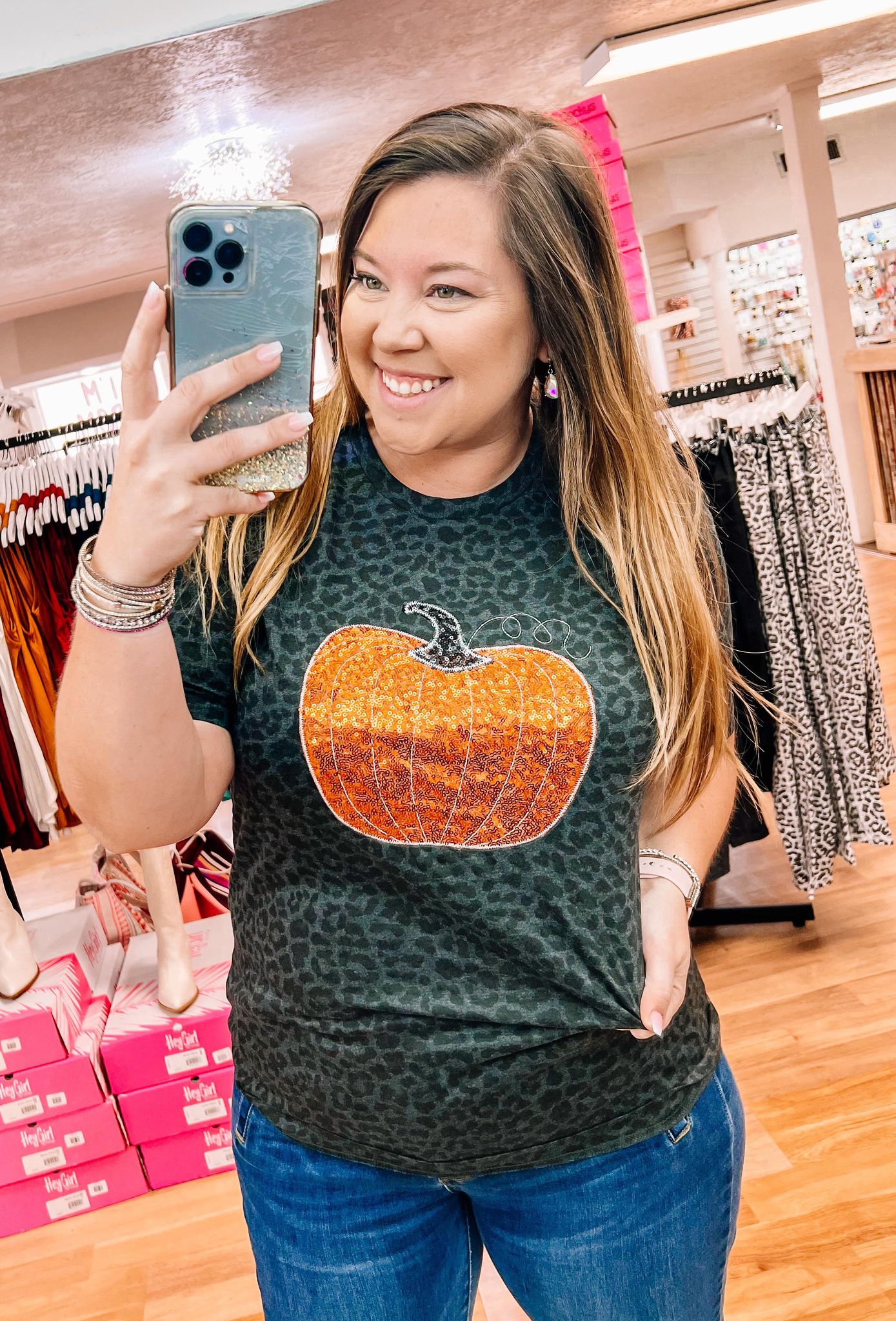 Pumpkin Sequin Leopard Tee-Graphic Tops-Dear Me Southern Boutique, located in DeRidder, Louisiana