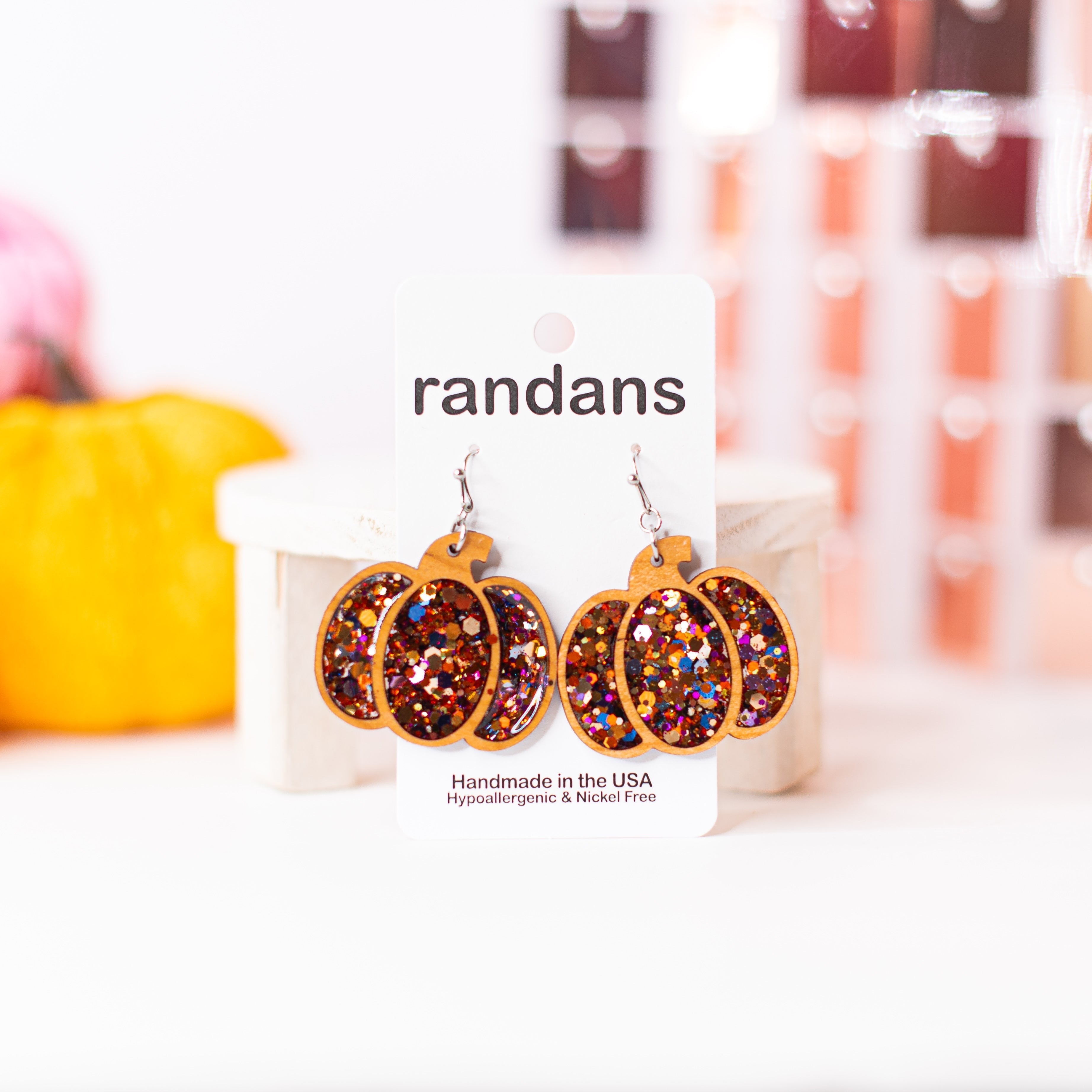 Pumpkin & Wood Glitter Randans-Earrings-Dear Me Southern Boutique, located in DeRidder, Louisiana