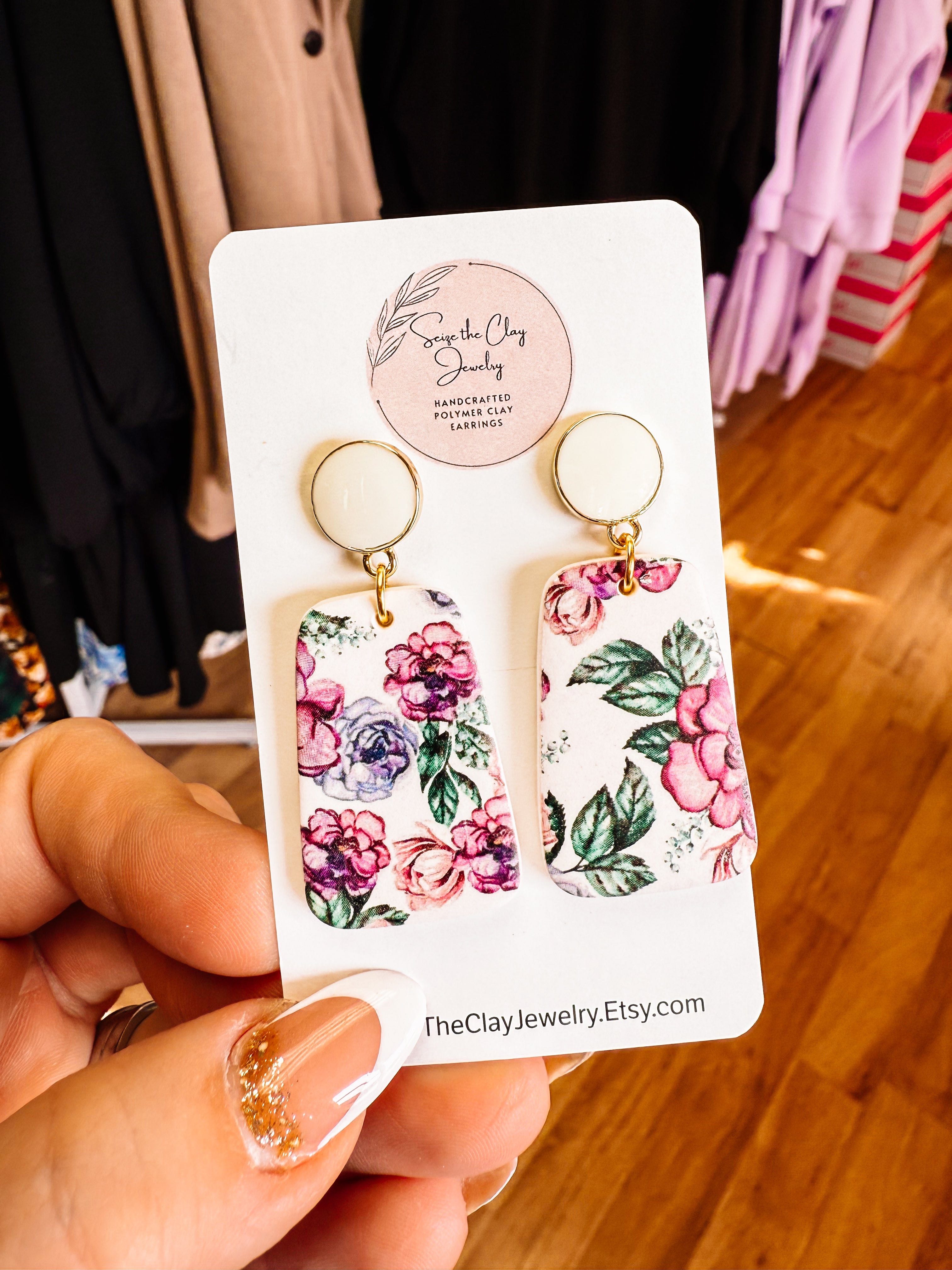 Purple Floral Clay Earrings-Earrings-Dear Me Southern Boutique, located in DeRidder, Louisiana