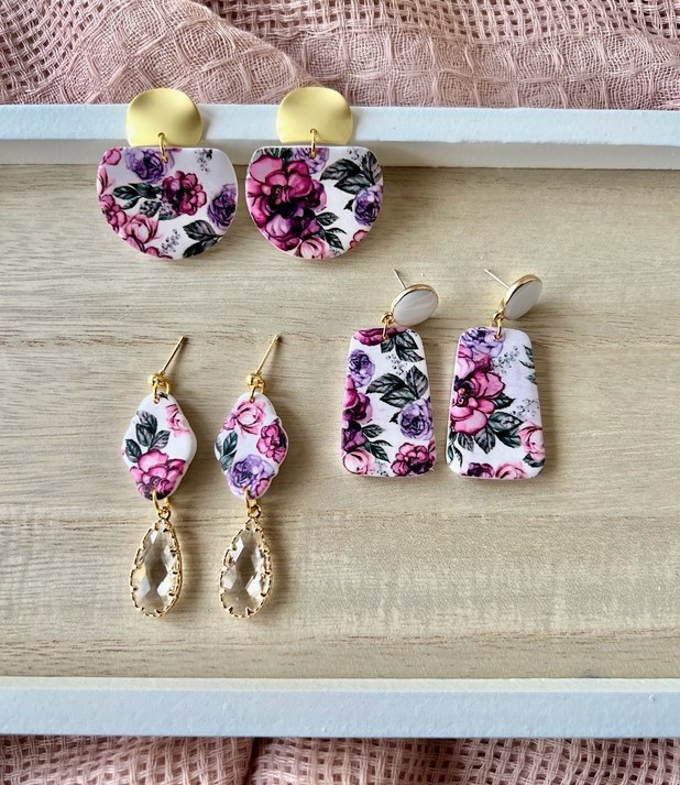 Purple Floral Clay Earrings-Earrings-Dear Me Southern Boutique, located in DeRidder, Louisiana