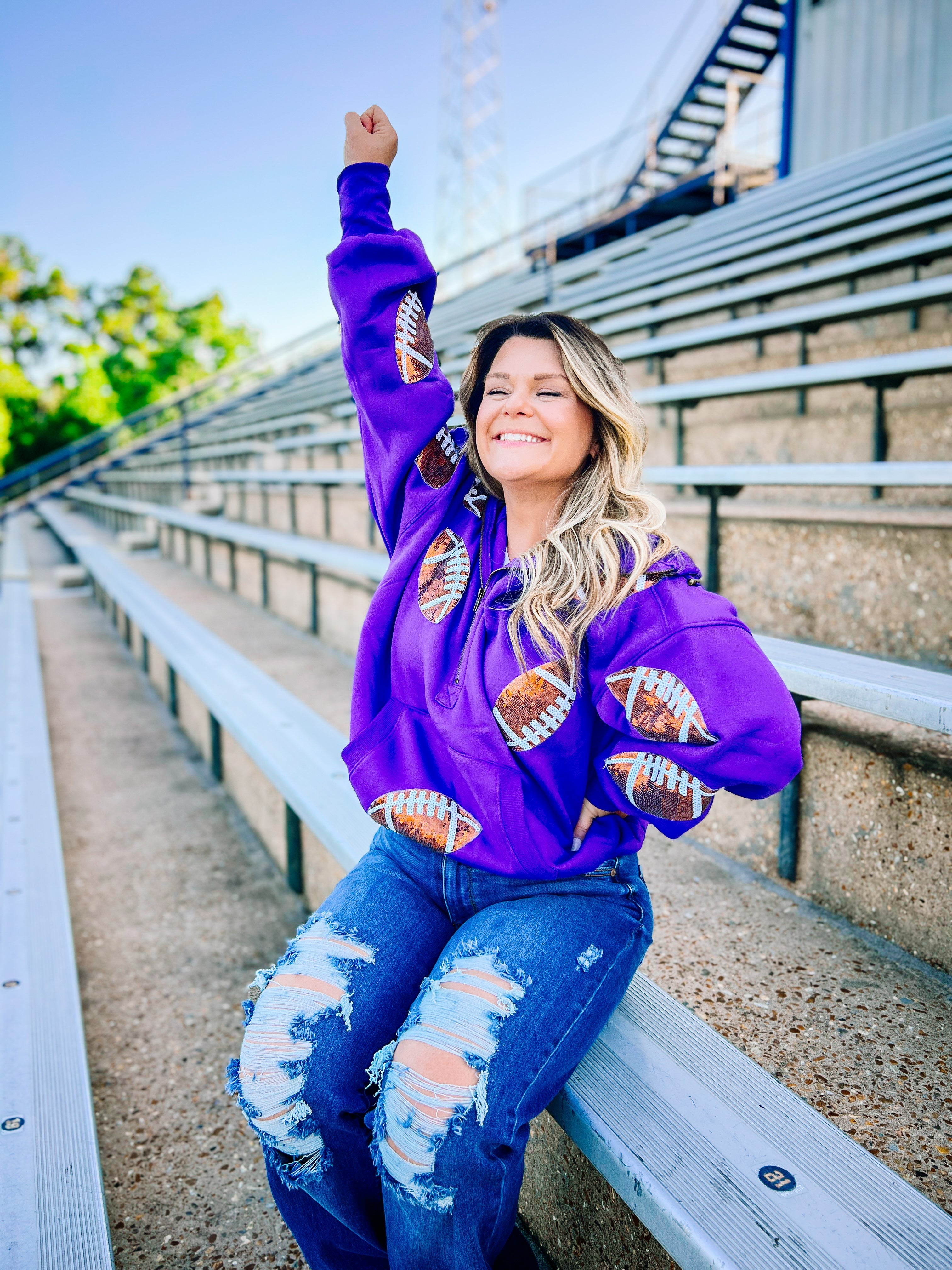 Purple Football Sequin Patches Half Zip Up Fleece Hoodie-Sweaters-Dear Me Southern Boutique, located in DeRidder, Louisiana