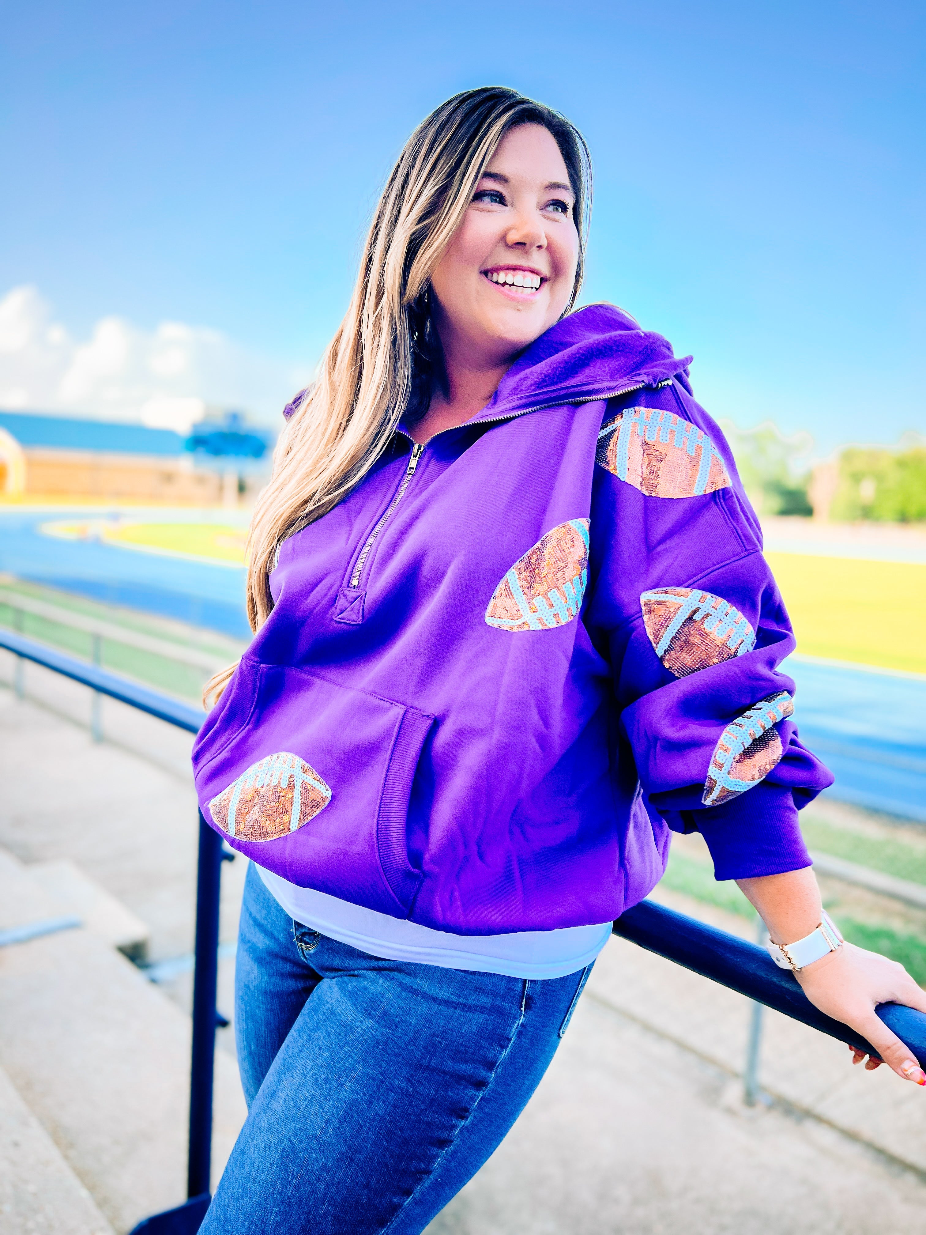 Purple Football Sequin Patches Half Zip Up Fleece Hoodie-Sweaters-Dear Me Southern Boutique, located in DeRidder, Louisiana