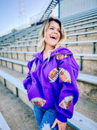 Purple Football Sequin Patches Half Zip Up Fleece Hoodie-Sweaters-Dear Me Southern Boutique, located in DeRidder, Louisiana