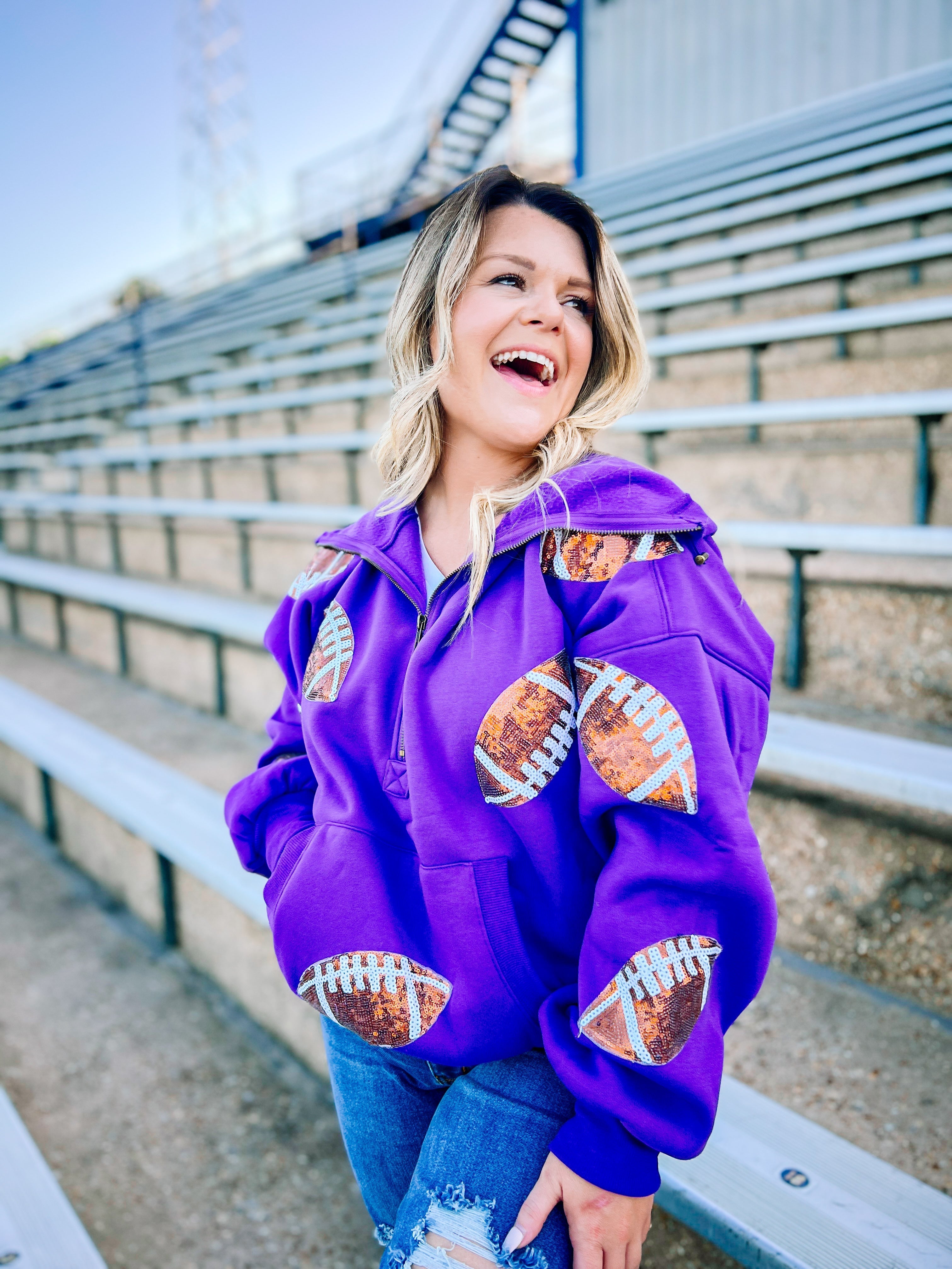 Purple Football Sequin Patches Half Zip Up Fleece Hoodie-Sweaters-Dear Me Southern Boutique, located in DeRidder, Louisiana