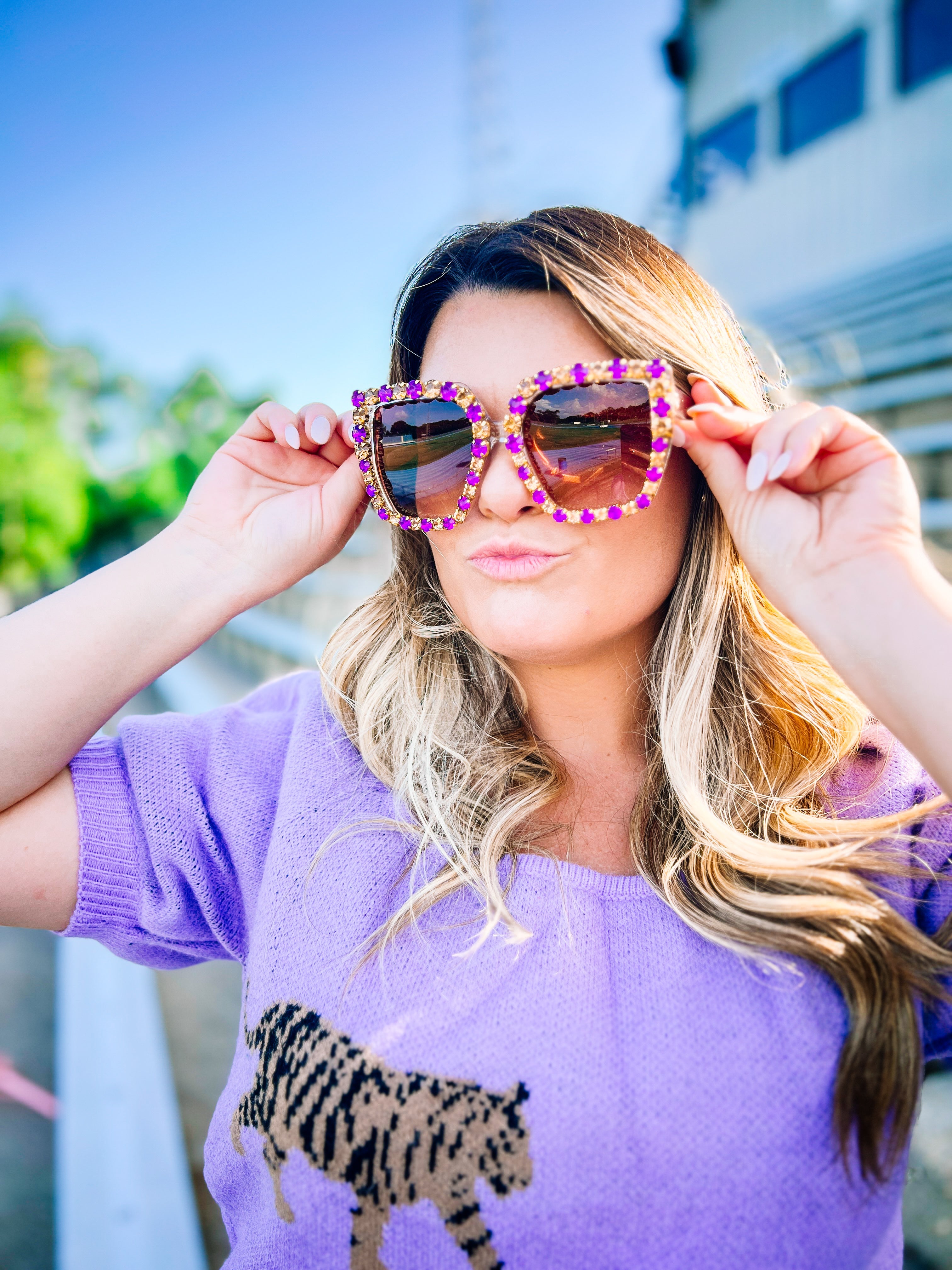 Purple and Gold Stone Sunglasses-Sunglasses-Dear Me Southern Boutique, located in DeRidder, Louisiana