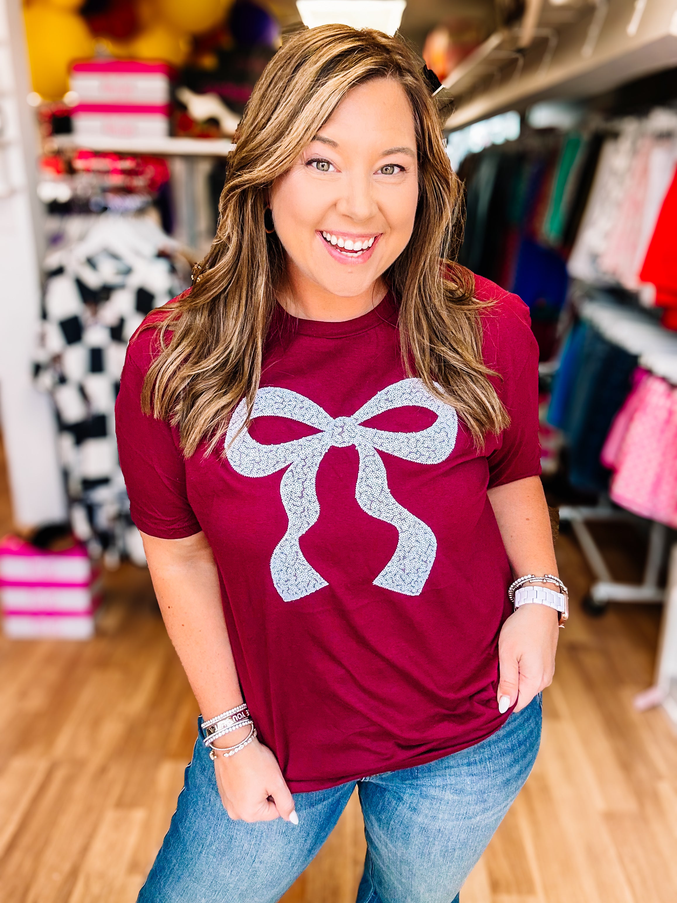 Put A Bow On It Sequin Tee - Maroon/White-Graphic Tops-Dear Me Southern Boutique, located in DeRidder, Louisiana