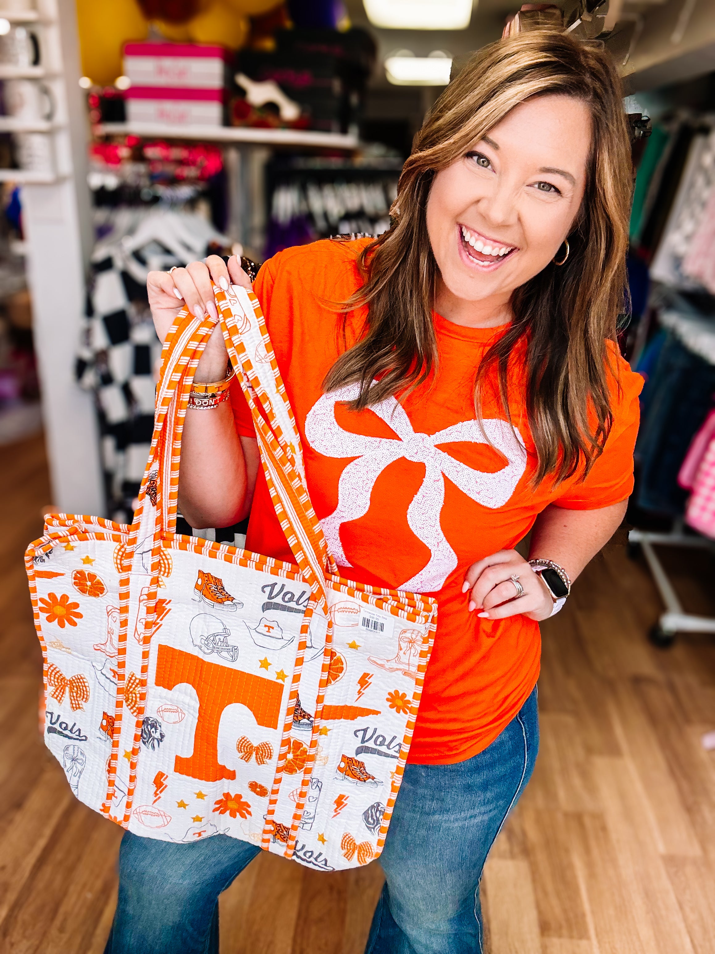 Put A Bow On It Sequin Tee - Orange-Graphic Tops-Dear Me Southern Boutique, located in DeRidder, Louisiana