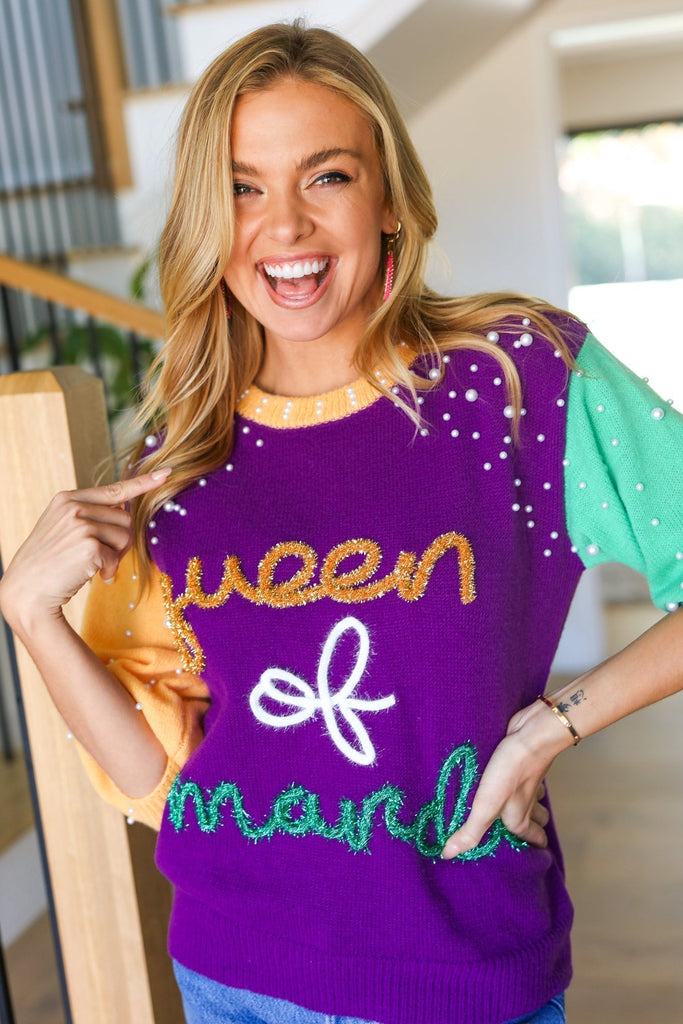 "Queen of Mardi" Pearl & Tinsel Color Block Knit Top (INSTOCK)-Dear Me Southern Boutique, located in DeRidder, Louisiana