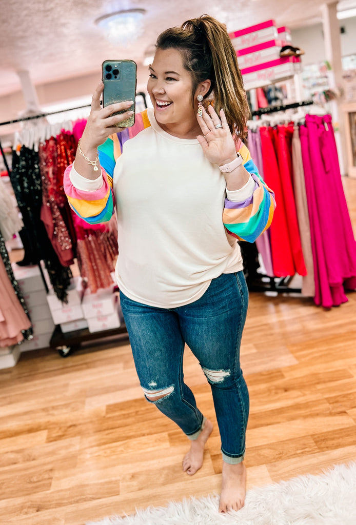 Rainbow Bubble Sleeve Top-Dear Me Southern Boutique, located in DeRidder, Louisiana