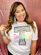 Rainbow Leopard Teacher Tee-Graphic Tops-Dear Me Southern Boutique, located in DeRidder, Louisiana