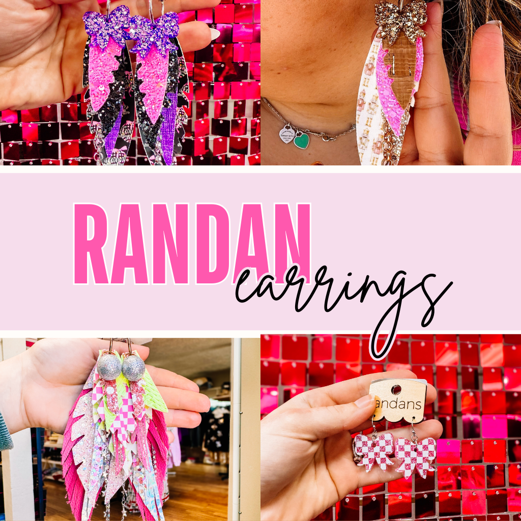 Collage of colorful earrings held by a person, with 'Randan' branding. | Dear Me Southern Boutique | DeRidder, LA