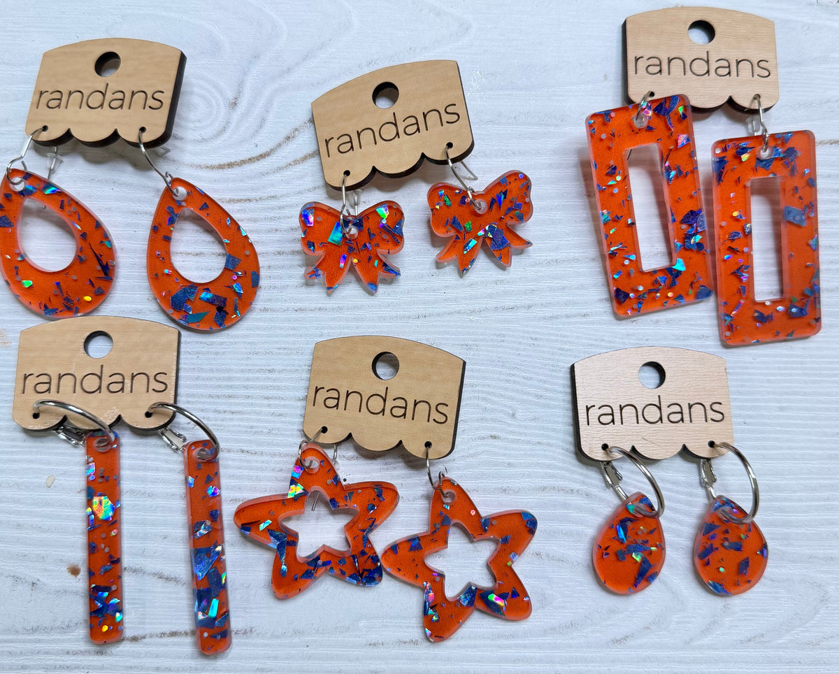 Randans acrylic dangle earrings- orange and blue-Presales-Dear Me Southern Boutique, located in DeRidder, Louisiana