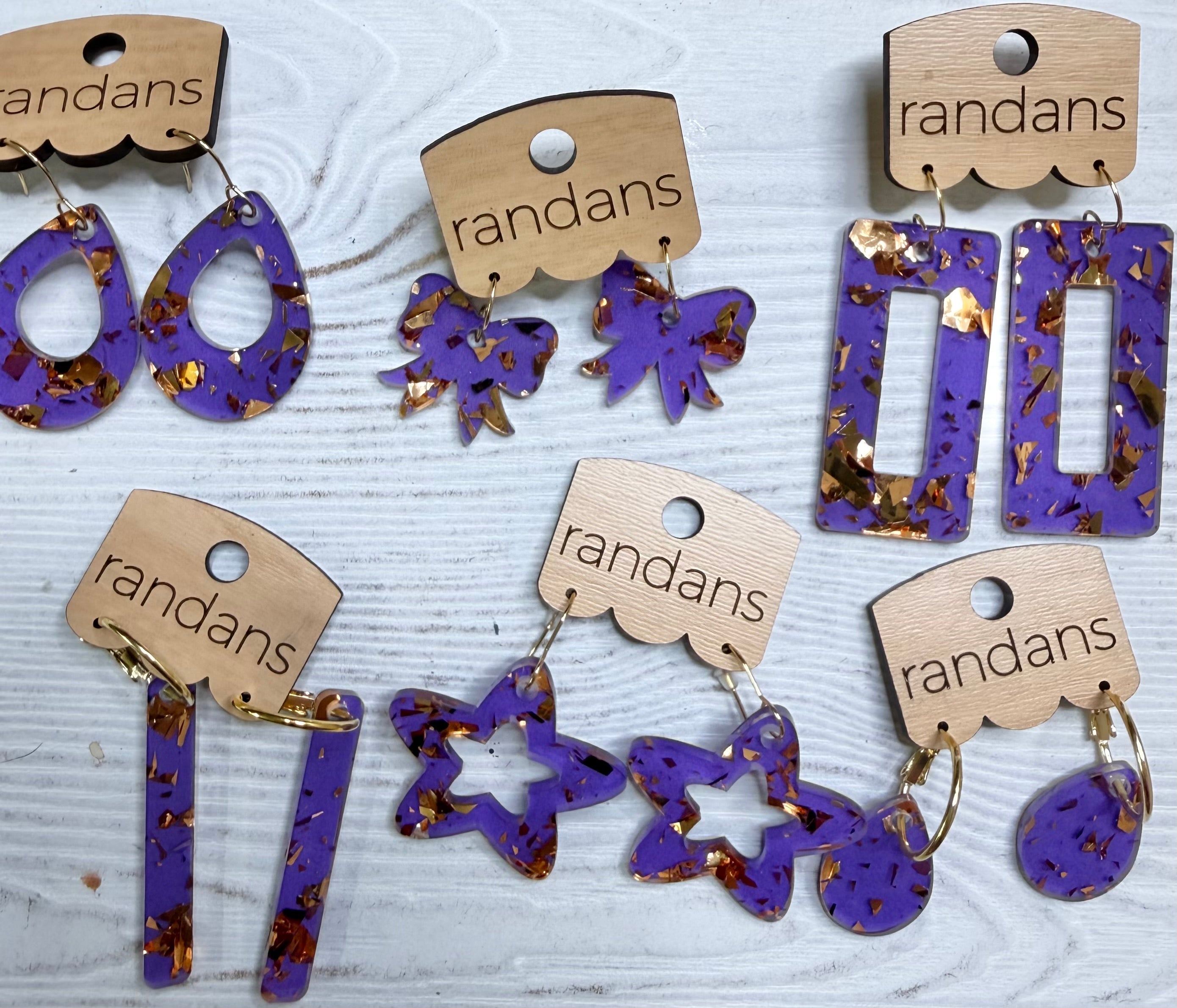 Randans acrylic dangle earrings- purple and gold-Earrings-Dear Me Southern Boutique, located in DeRidder, Louisiana