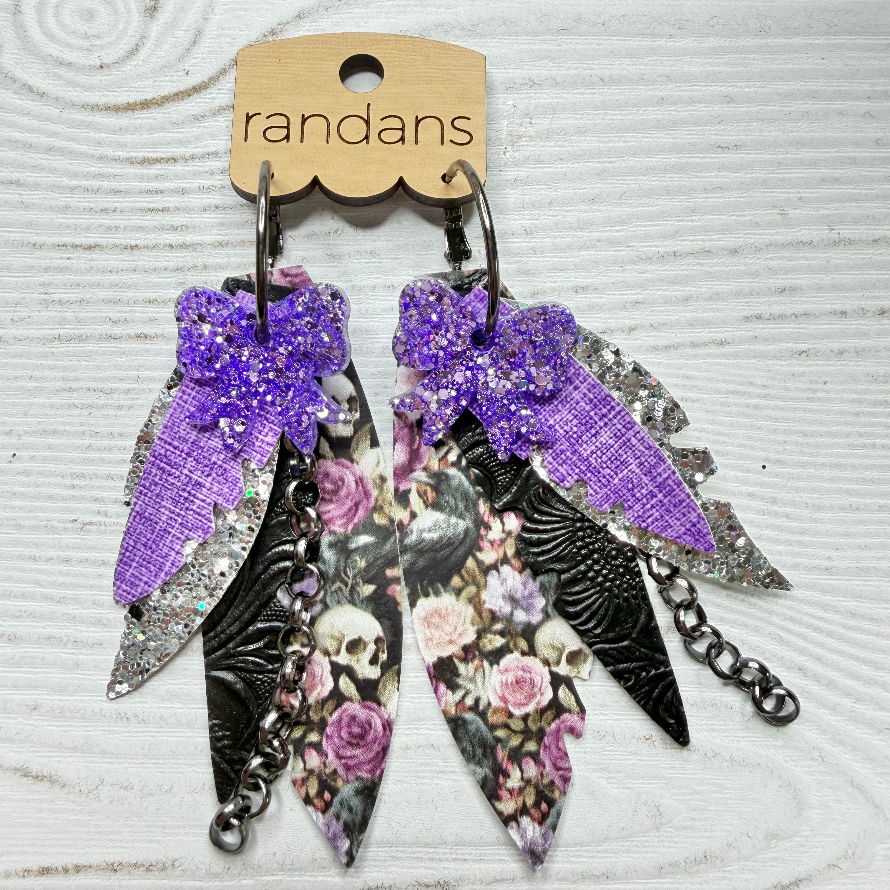 Randans fringe hoop earrings- Halloween- purple floral skull-Dear Me Southern Boutique, located in DeRidder, Louisiana