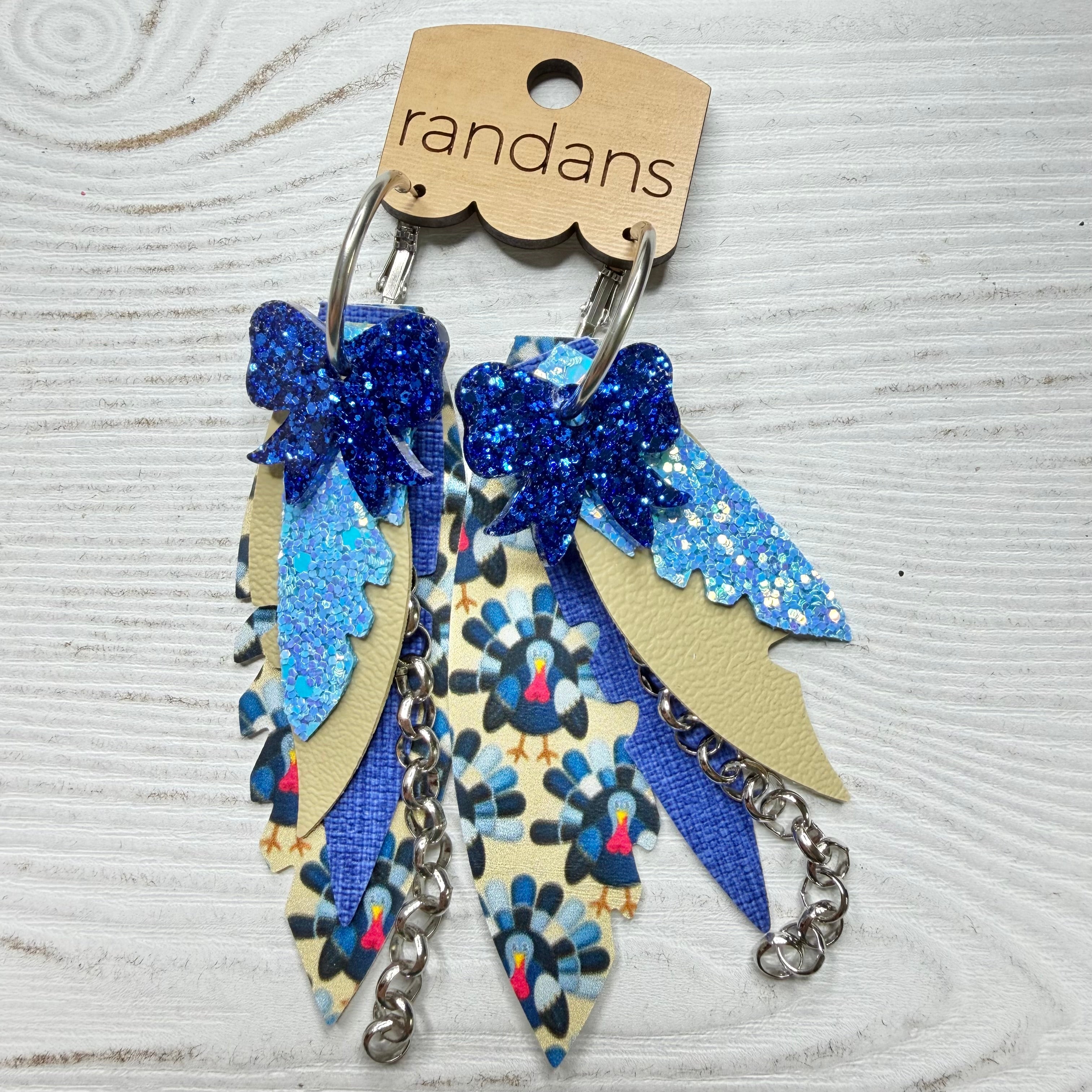 Randans fringe hoop earrings- Thanksgiving- blue turkey-Dear Me Southern Boutique, located in DeRidder, Louisiana
