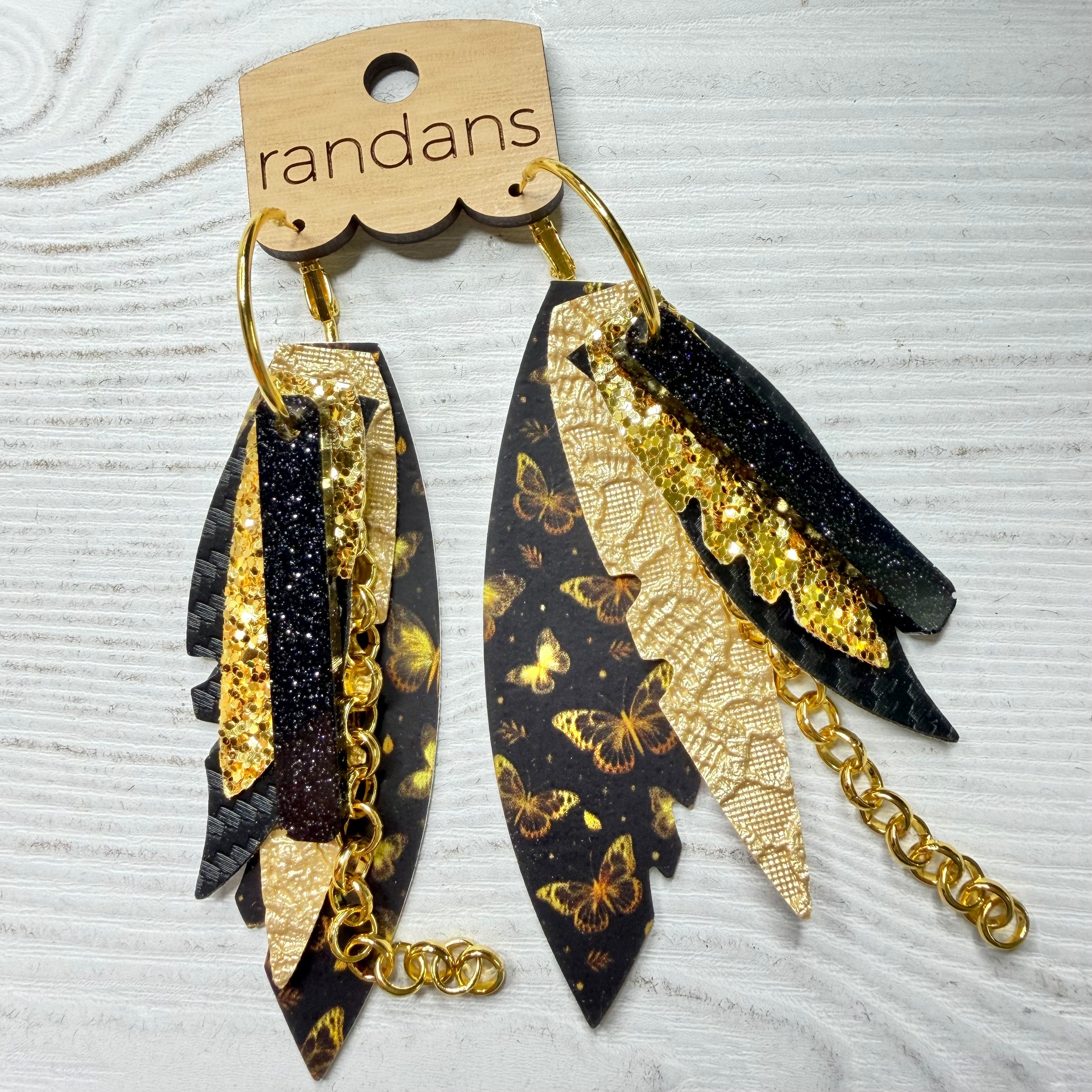 Randans fringe hoop earrings- butterflies- black gold-Dear Me Southern Boutique, located in DeRidder, Louisiana