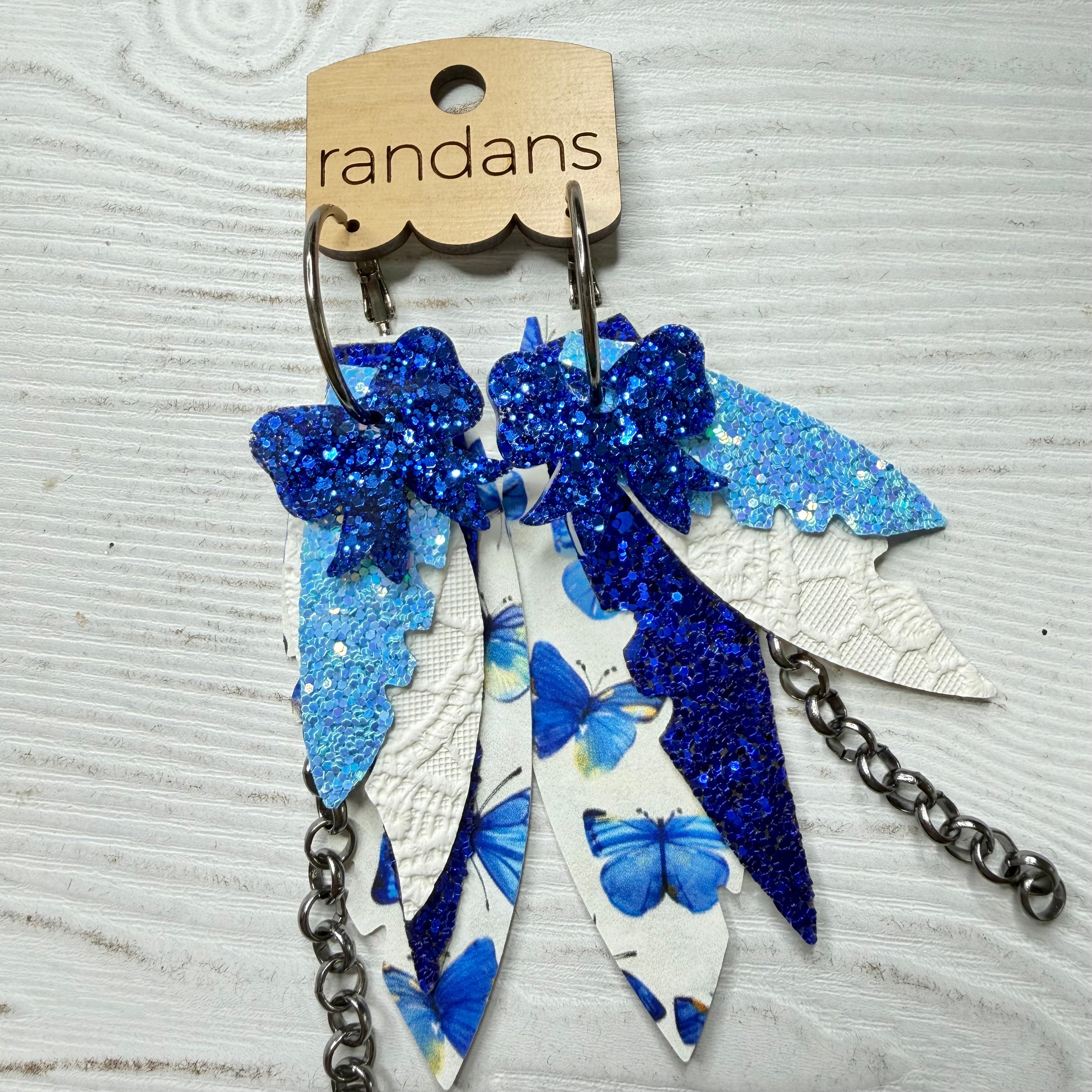 Randans fringe hoop earrings- butterflies- blue-Dear Me Southern Boutique, located in DeRidder, Louisiana