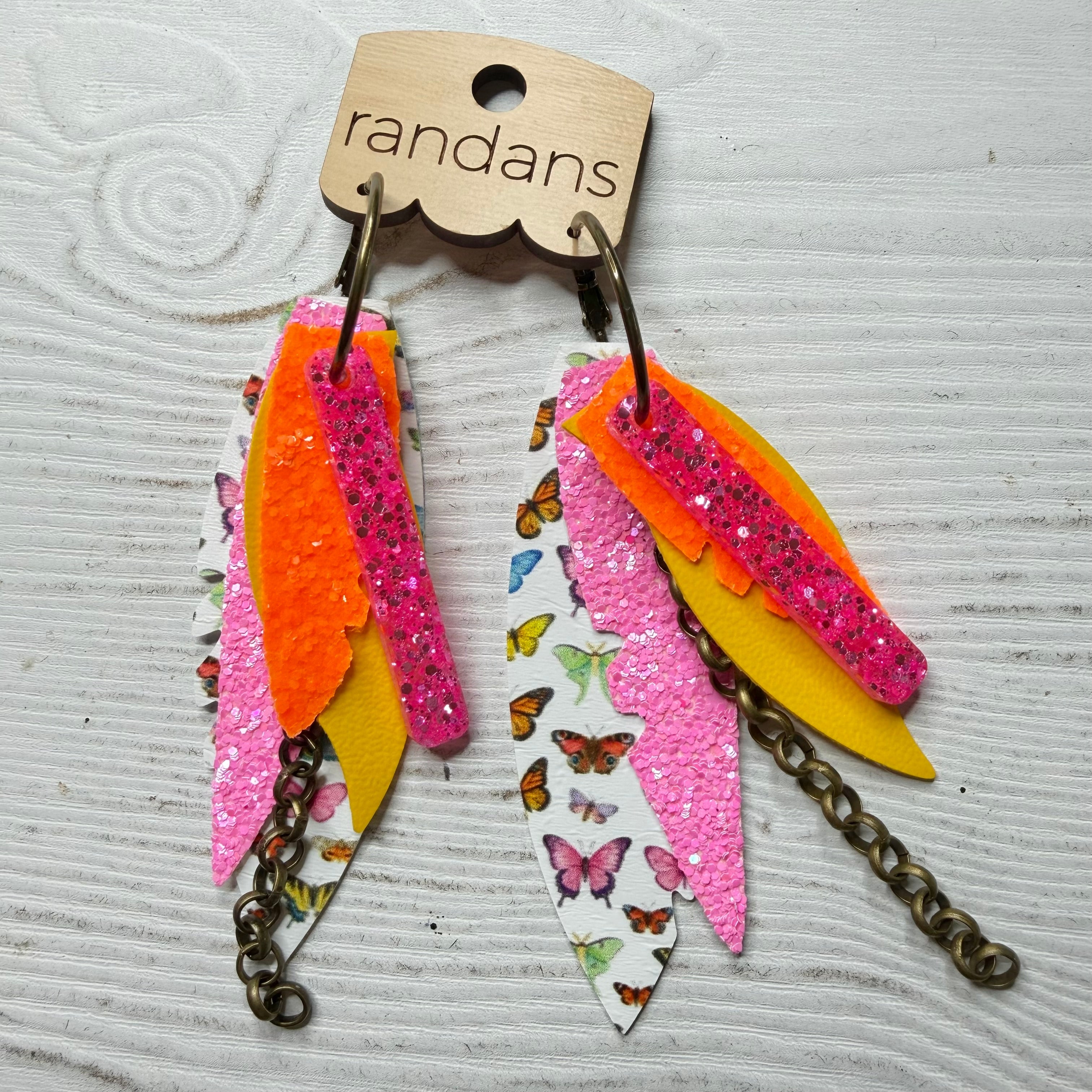 Randans fringe hoop earrings- butterflies- pink yellow-Dear Me Southern Boutique, located in DeRidder, Louisiana