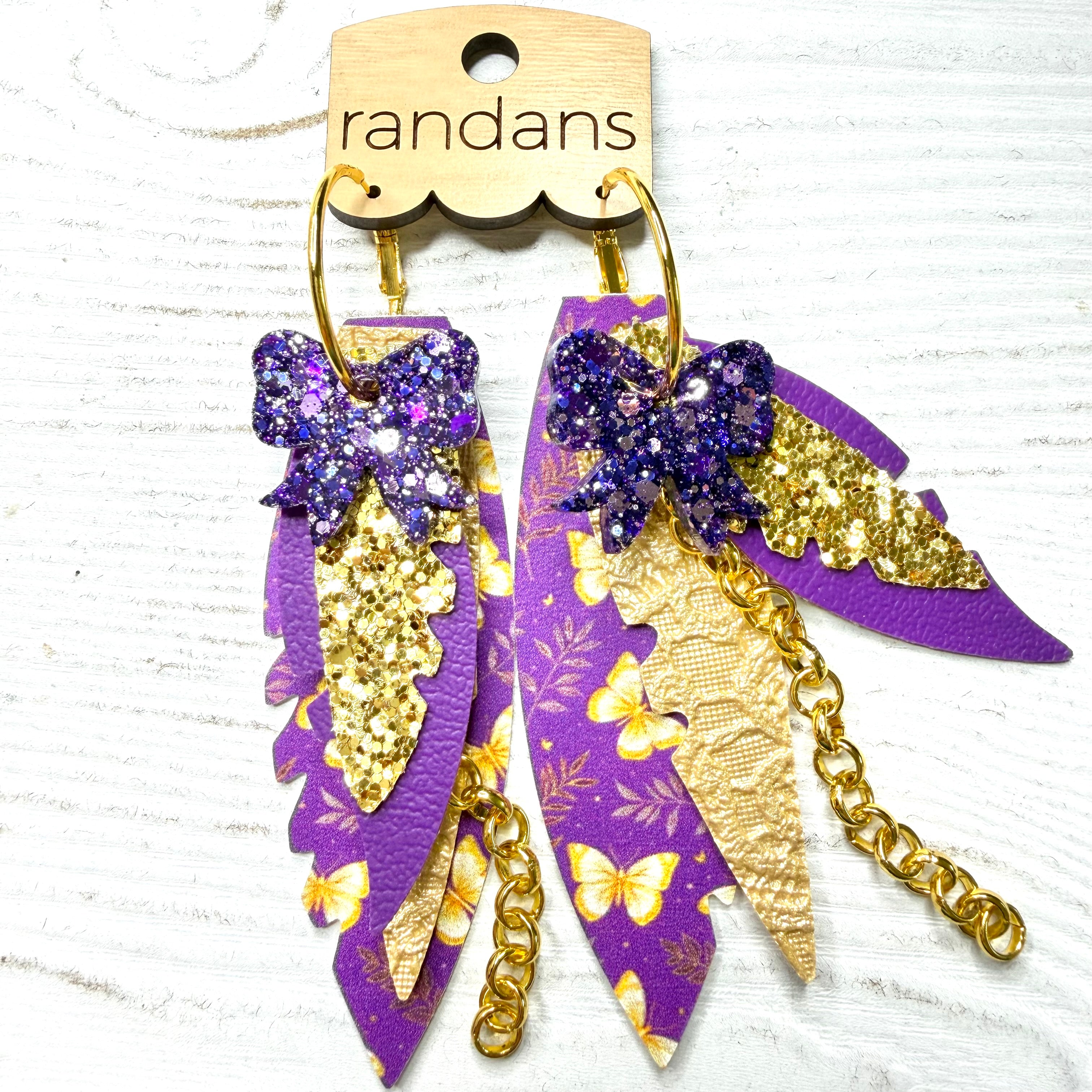 Randans fringe hoop earrings- butterflies- purple gold-Dear Me Southern Boutique, located in DeRidder, Louisiana
