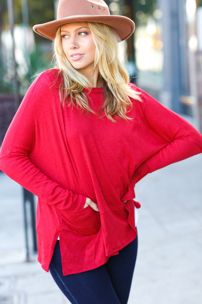 Red Hacci Dolman Pocketed Sweater Top-Dear Me Southern Boutique, located in DeRidder, Louisiana