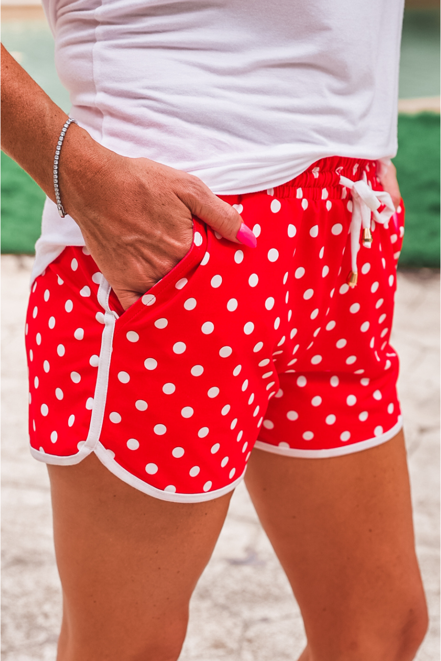 Red Polka Dot Everyday Shorts-Presales-Dear Me Southern Boutique, located in DeRidder, Louisiana