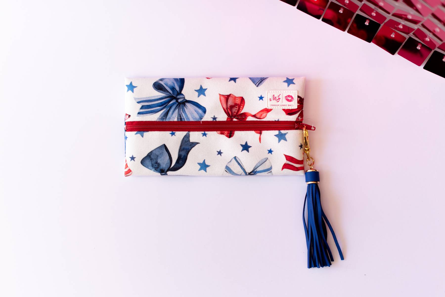 Red, White, & Bow Makeup Junkie Pouches-Makeup Bags-Dear Me Southern Boutique, located in DeRidder, Louisiana