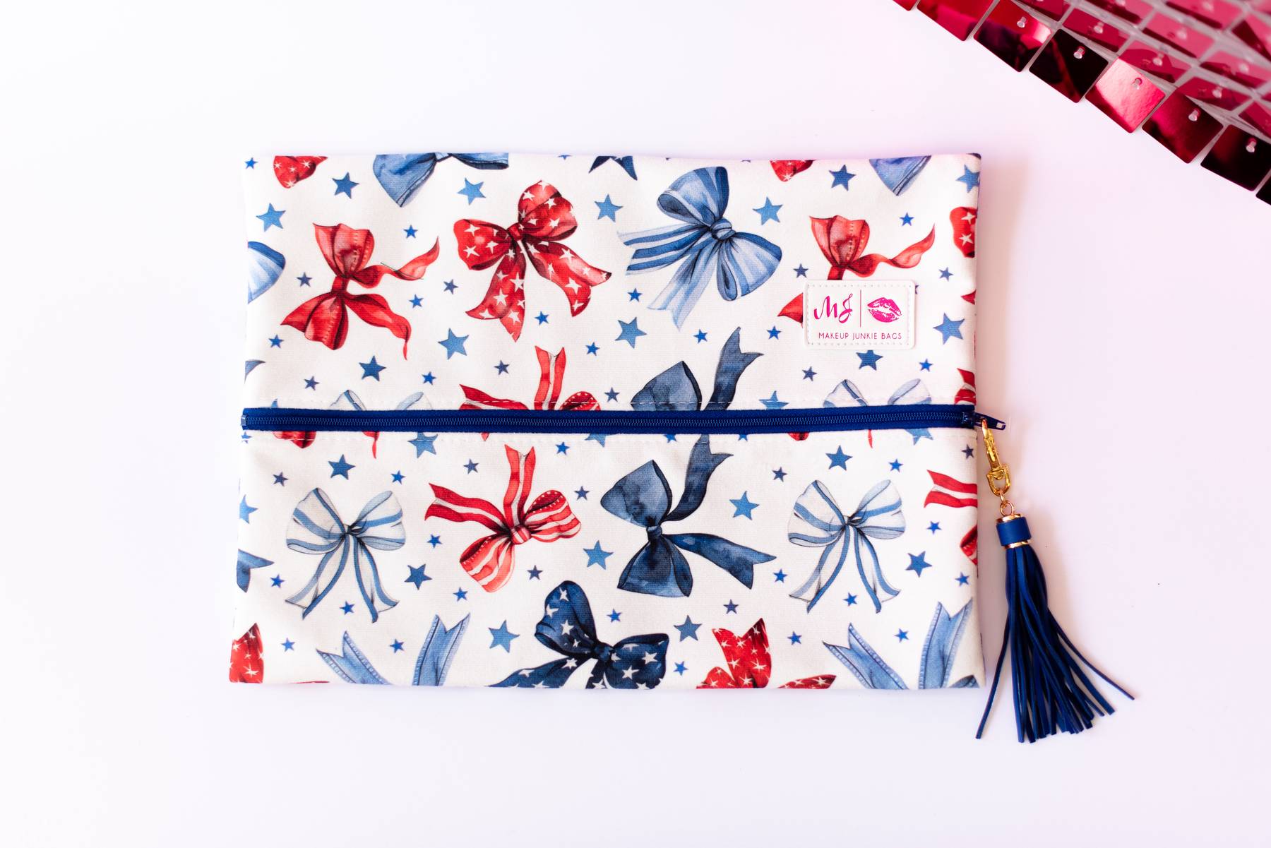Red, White, & Bow Makeup Junkie Pouches-Makeup Bags-Dear Me Southern Boutique, located in DeRidder, Louisiana