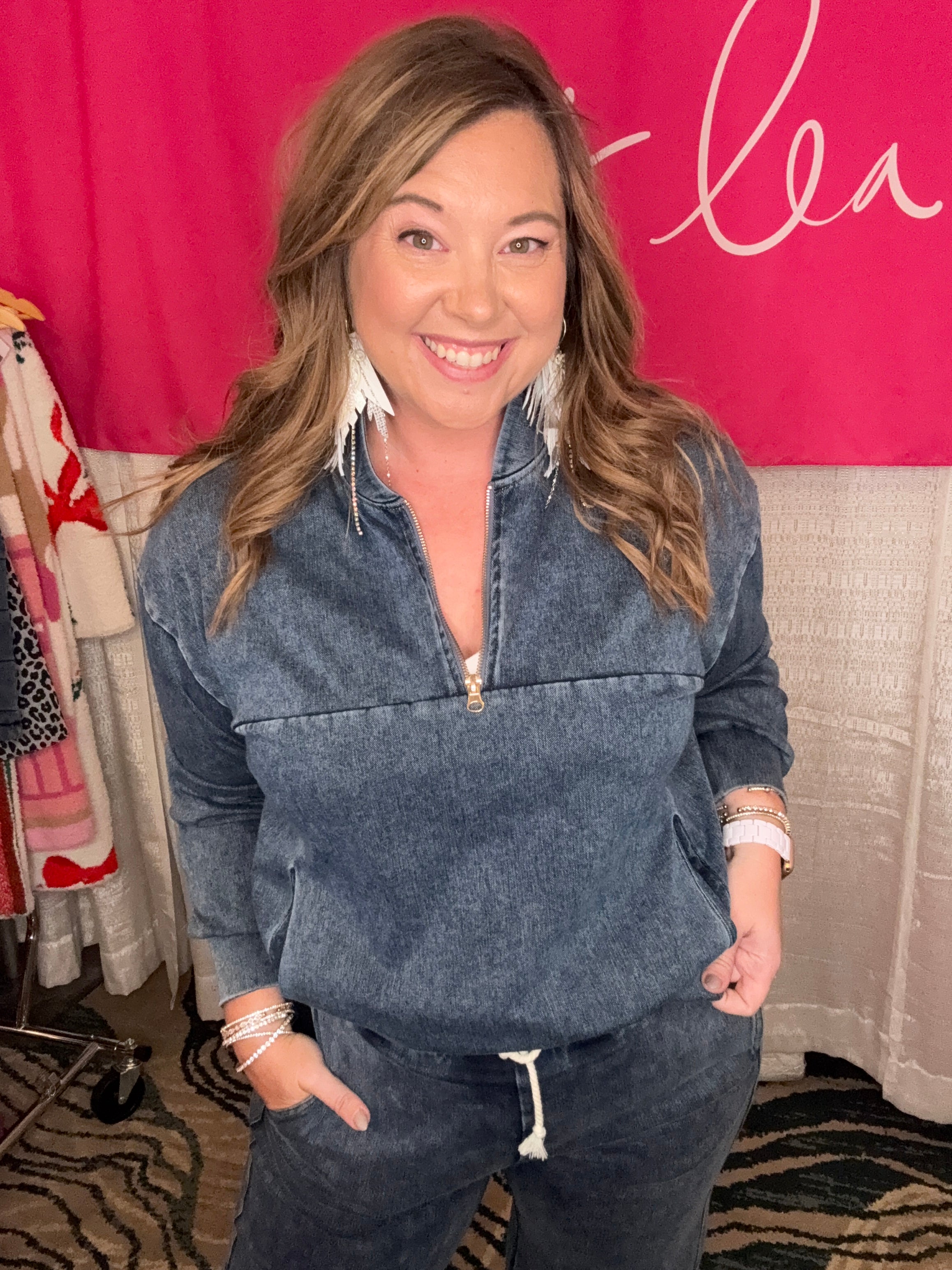 Refined Denim Quarter Zip Pullover-Presales-Dear Me Southern Boutique, located in DeRidder, Louisiana
