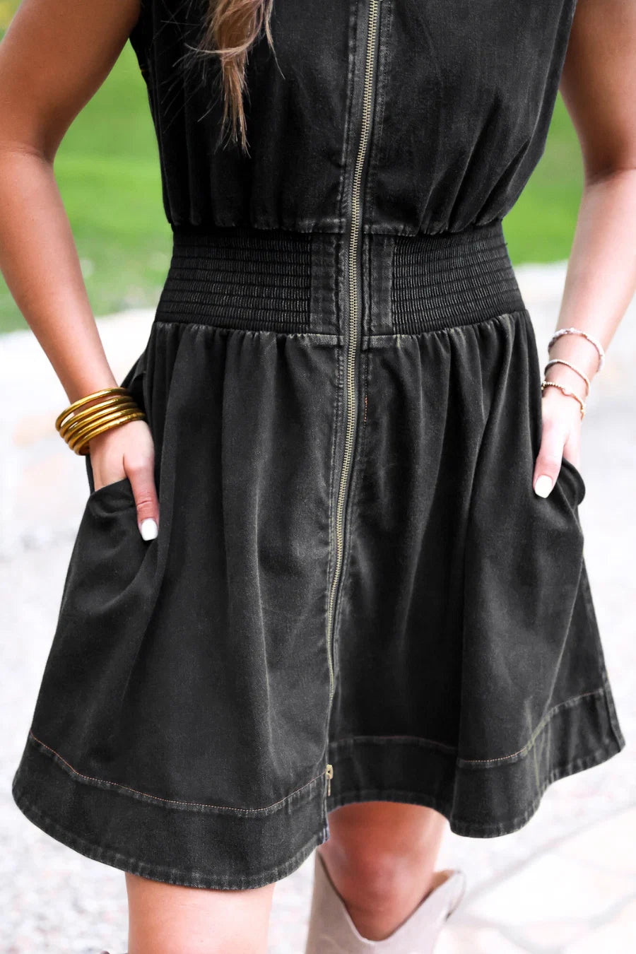 Refined Denim Zipper Dress- Black Wash-Dresses-Dear Me Southern Boutique, located in DeRidder, Louisiana