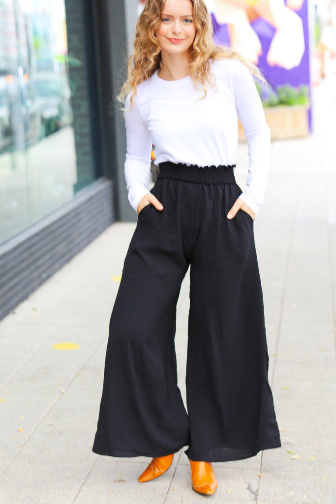Relaxed Fun Black Smocked Waist Palazzo Pants-Dear Me Southern Boutique, located in DeRidder, Louisiana