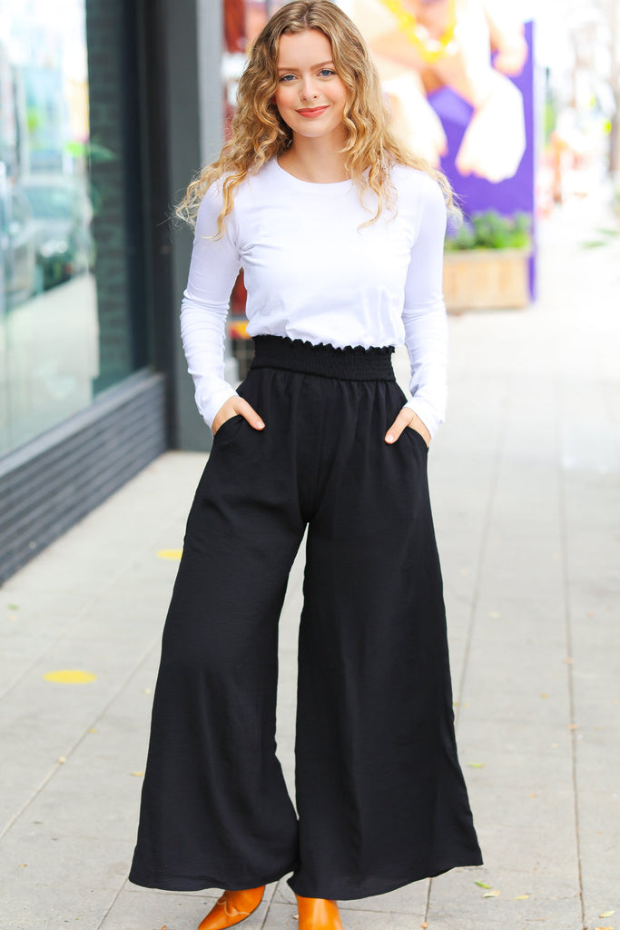 Relaxed Fun Black Smocked Waist Palazzo Pants-Dear Me Southern Boutique, located in DeRidder, Louisiana