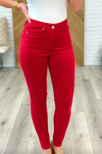 Roses Are Red Tummy Control Judy Blues-Bottoms-Dear Me Southern Boutique, located in DeRidder, Louisiana