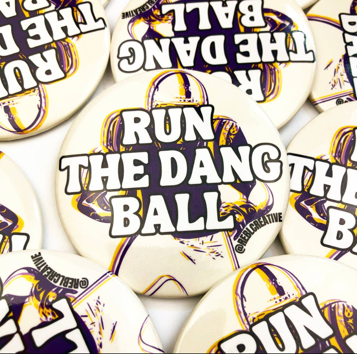 Run The Dang Ball - Purple and Yellow - Game Day Button-Dear Me Southern Boutique, located in DeRidder, Louisiana