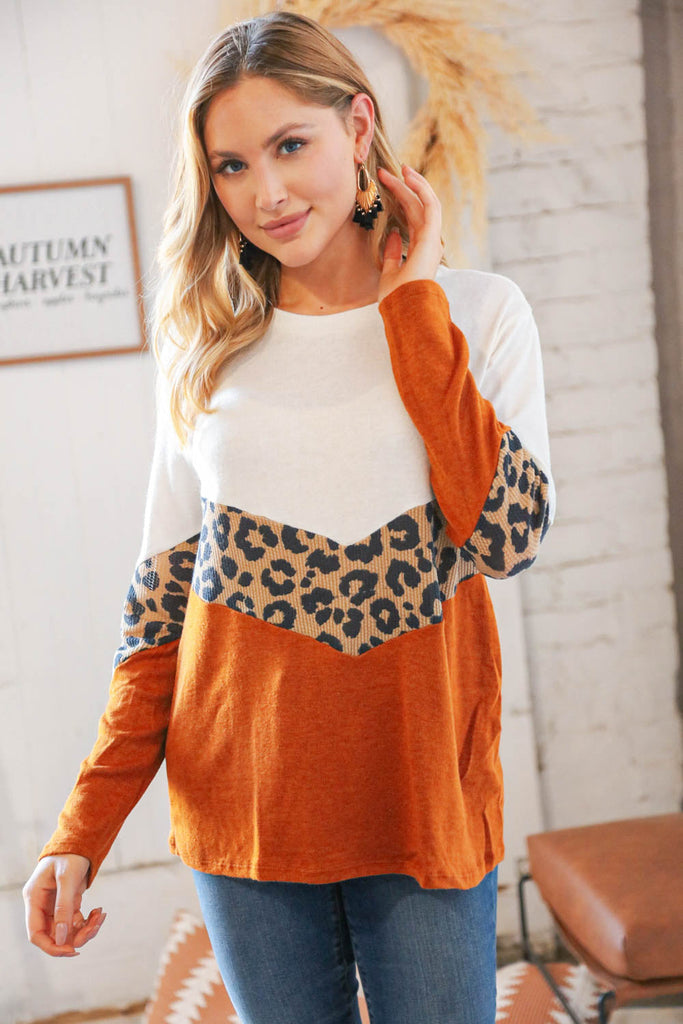 Rust Leopard Waffle Chevron Brushed Hacci Knit Top-Dear Me Southern Boutique, located in DeRidder, Louisiana