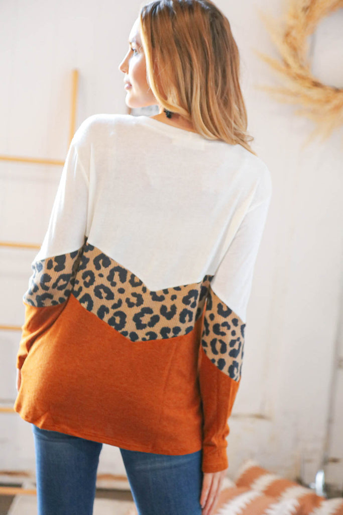 Rust Leopard Waffle Chevron Brushed Hacci Knit Top-Dear Me Southern Boutique, located in DeRidder, Louisiana