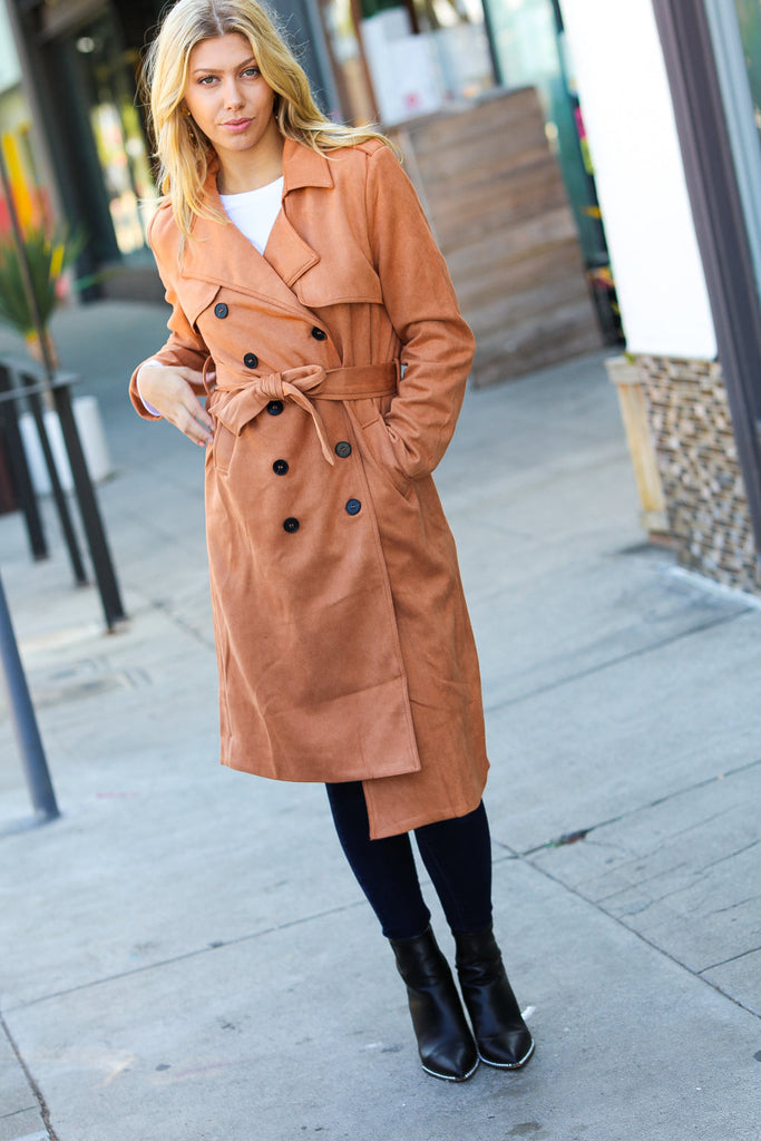 Rust Suede Double Breasted Belted Lined Trench Coat-Dear Me Southern Boutique, located in DeRidder, Louisiana
