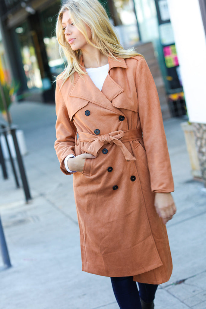Rust Suede Double Breasted Belted Lined Trench Coat-Dear Me Southern Boutique, located in DeRidder, Louisiana