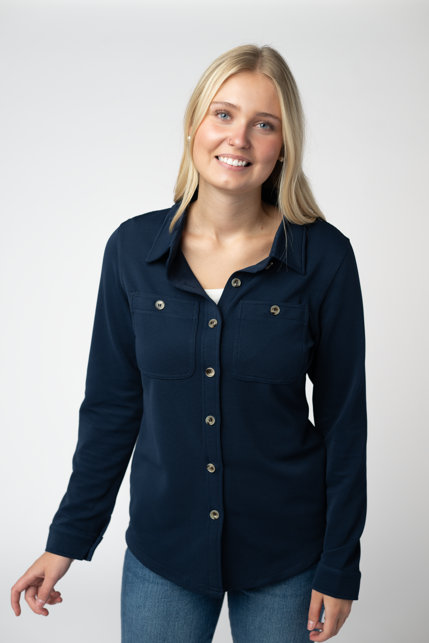 Ryleigh Ribbed Button Down - Navy-Dear Me Southern Boutique, located in DeRidder, Louisiana