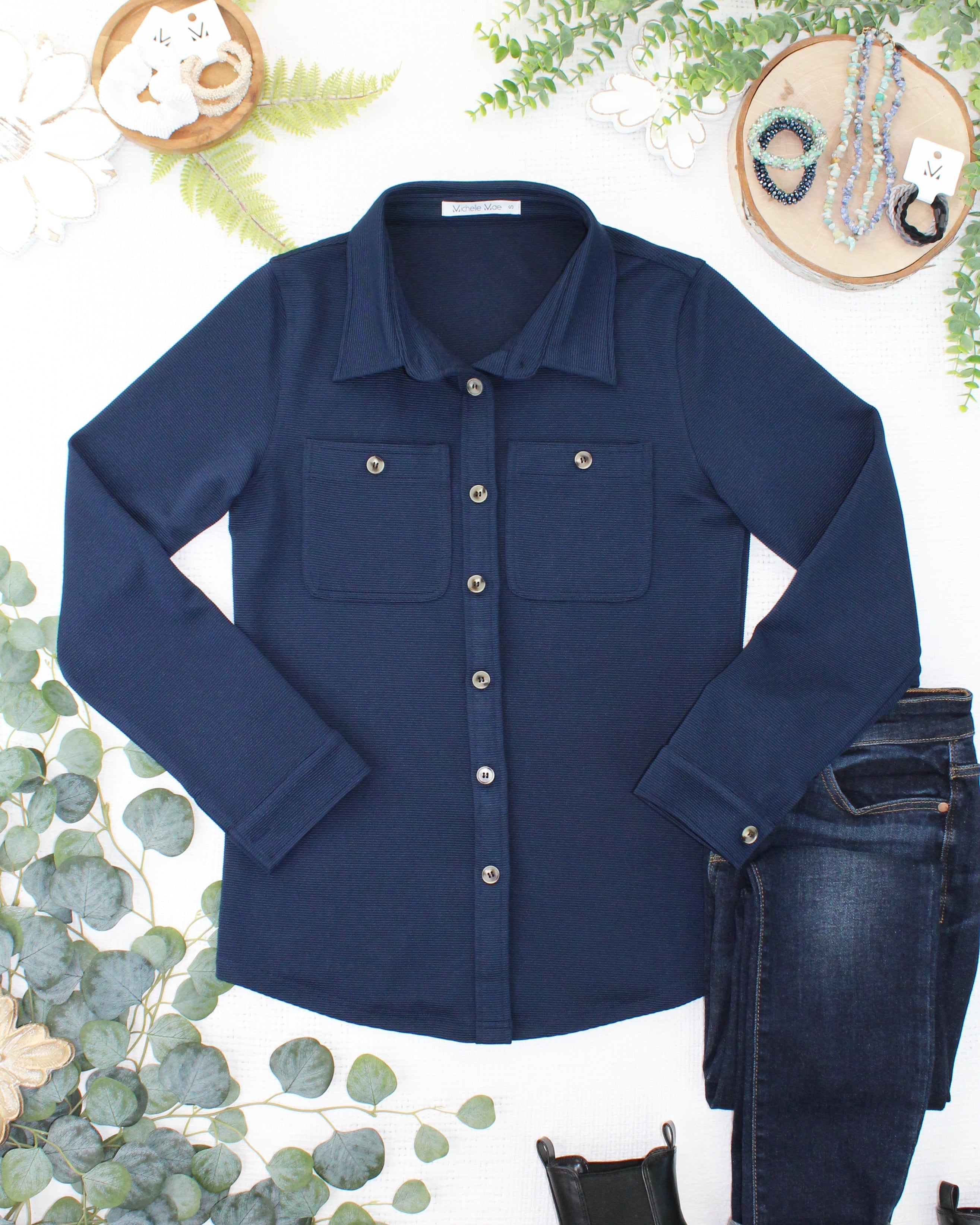 Ryleigh Ribbed Button Down - Navy-Dear Me Southern Boutique, located in DeRidder, Louisiana
